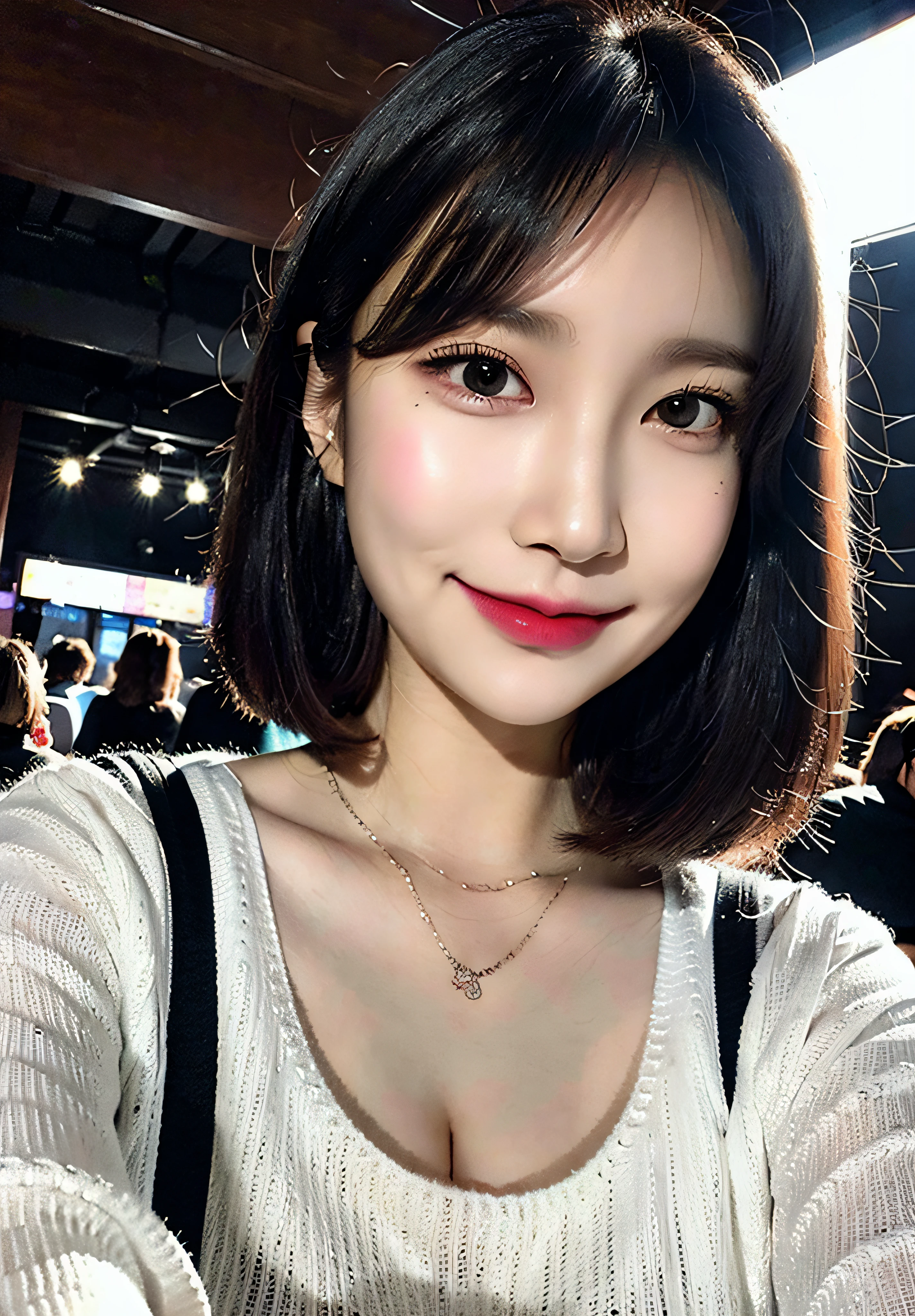 Incomparable masterpiece, perfect artwork, ((perfect female figure)), short hair, blonde hair, skinny, realistic, solo, (realism: 1.4), best quality, super high resolution, 1girl, porcelain, kpop idol, (extra large breasts), full body, beautiful, masterpiece, best quality, very detailed face, perfect lighting, solo, plain makeup, tights, best quality, super high resolution, (realistic:1.4), super detailed, masterpiece, best quality,  ulzzang - 6500-v1.1,  (realistic, photorealistic: 1.37), extreme light and shadow, disheveled hair, master work, rich details, (fine facial features), (highest quality photo), (masterpiece), (detailed eyes), look in front of you eyes, incredibly cute under eye moles, necklace, moles under lef5 eyes, earring best quality, Japanese woman, large breasts, very short bob hair,upper body, A beautiful woman with perfect body:1.4, Slim abdomen:1.2, (full body:1.6), ultra-detailed face, delicate eyes, double eyelids, soft breasts, charming expression, necklace, earring best quality,