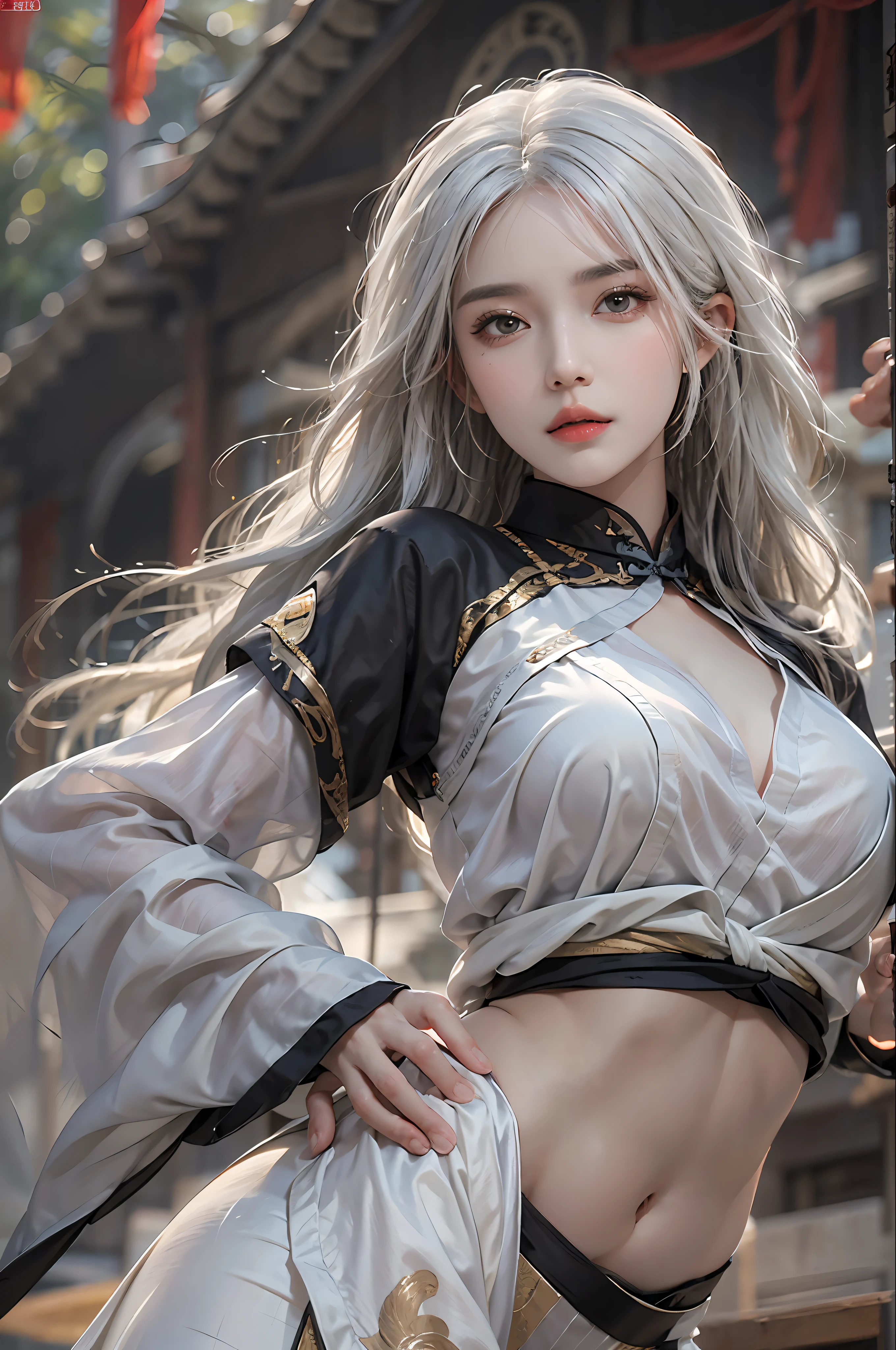 photorealistic, high resolution, 1 women, solo, hips up, look at viewer, (detailed face), white hair, long hair, medium breasts, martial arts clothes, Chinese clothes, black clothes