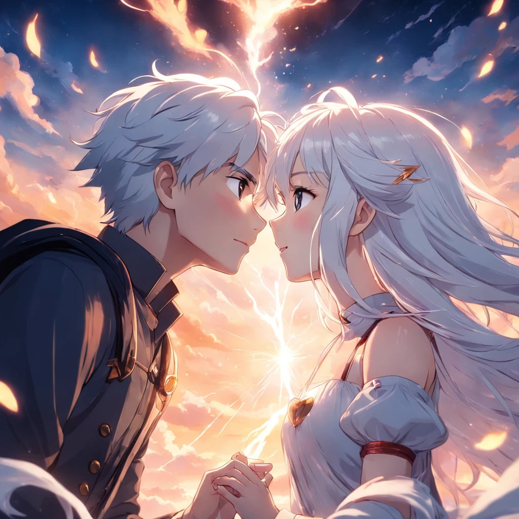 masterpiece, best quality, movie still, 1white hair boy and 1 white hair girl,cute romantic couple, cloud boy, floating in the sky, close-up, bright, happy, warm soft lighting, sunset, (sparks:0.7),white hair romantic couple,hand to hand,kiss