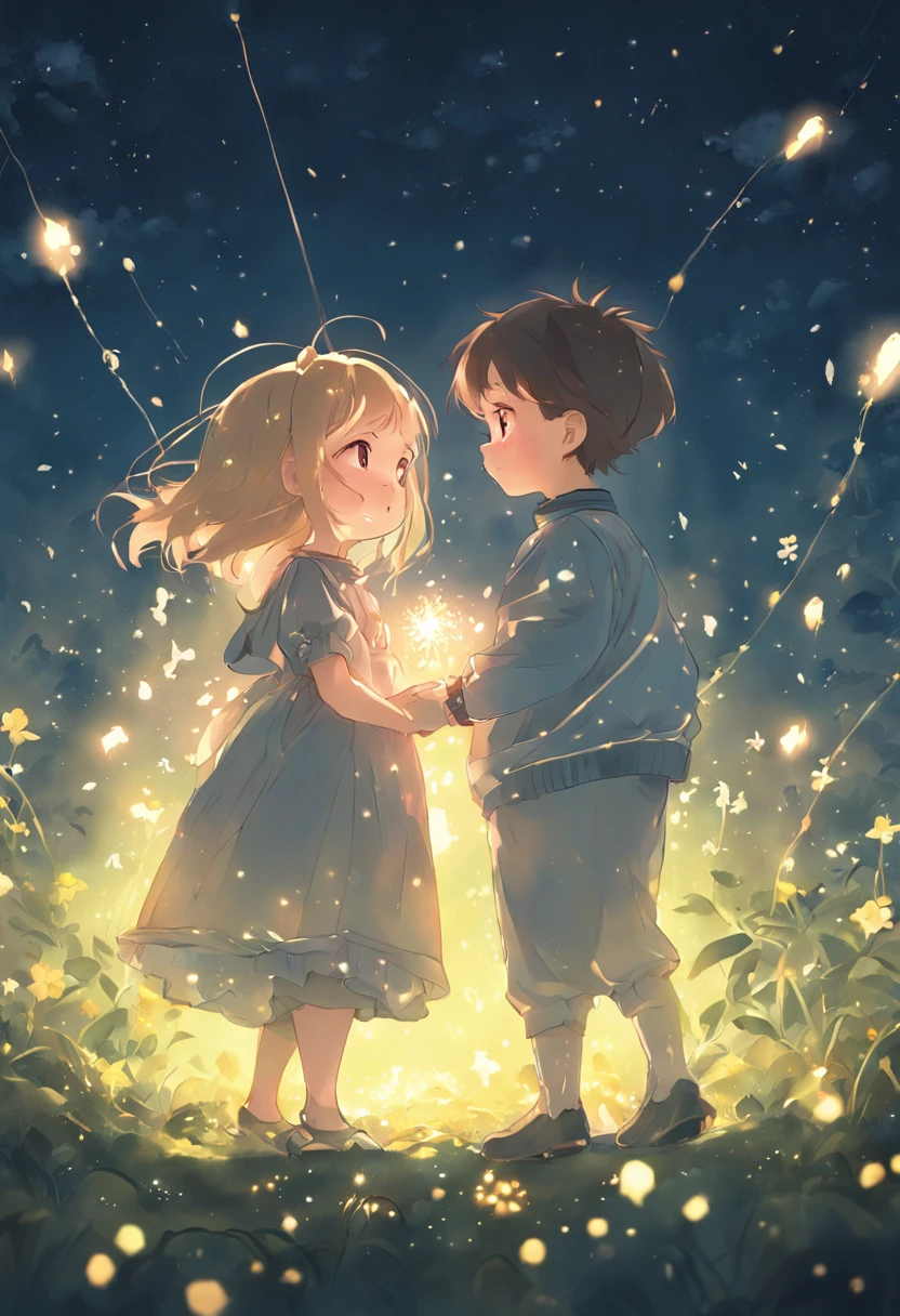 the night,Lolita style clothing,Cartoony,Chubby little girl and little boy hugging each other,Glowing fireflies around,,Cute and cute,KIDS ILLUSTRATION,Glow effects,Dingdall effect,depth of fields,high light,Real light,Ray traching,oc rendered,Hyper-realistic,best qualtiy,8K,Works of masters,super-fine,Detailed pubic hair,Correct anatomy,sharp focus on eyes,Bokeh,Facial features are carefully depicted