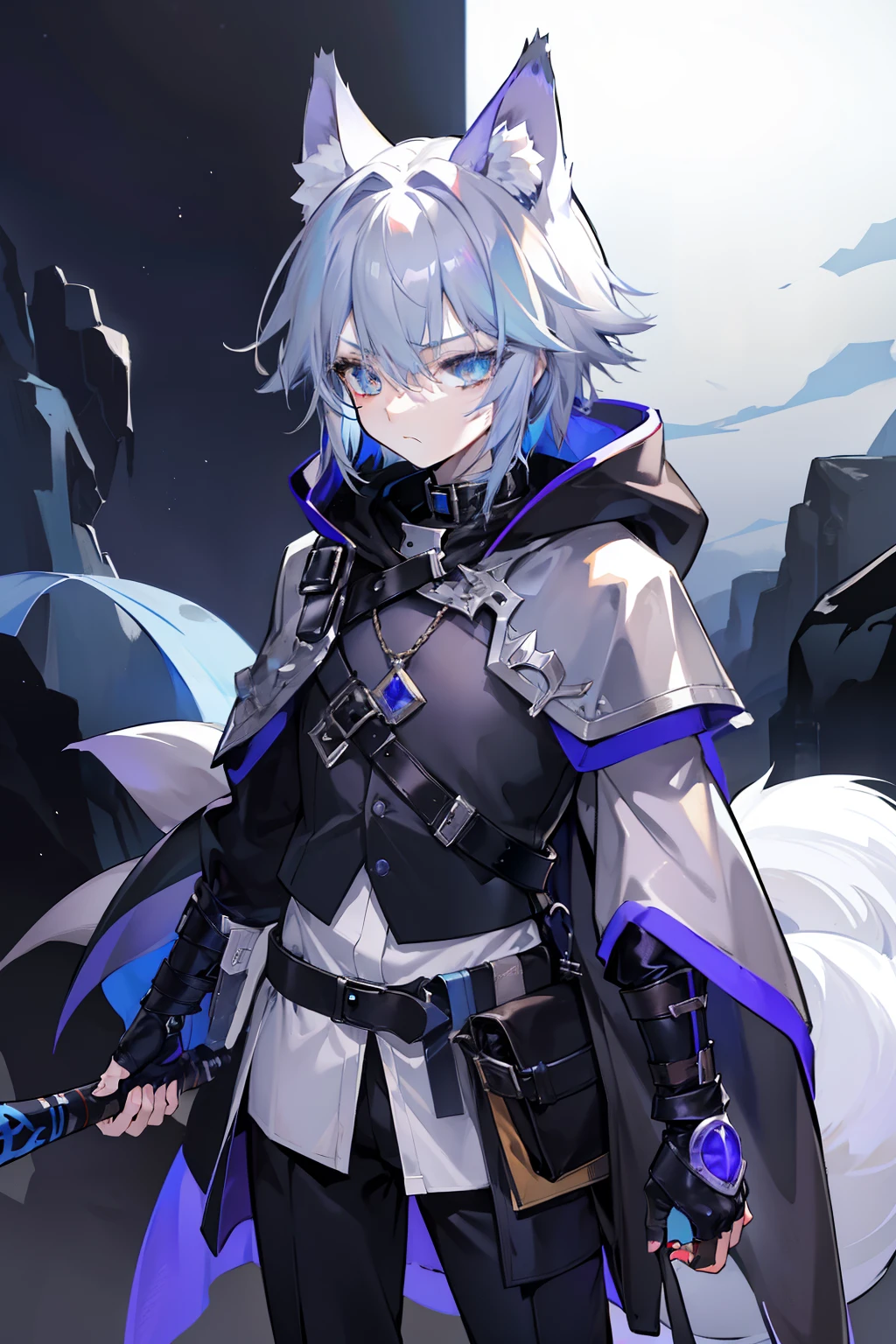 (masterpiece), best quality, expressive eyes, perfect face, 1boy, solo, (light shade hair, fox tail, blue grey hair, fox boy, fox guy, kemonomimi, young male, young boy, fox ears, light blue grey hair, lavender mist color hair and tail, pale blue hair, bluish cyan hair), azure eyes with yellow under shade, yellow eye highlights, azure eyes, (leather robe, brown cape, dark hood), (, 17 cared, trauma, afraid, young man), (minimal accessories, satchel, sling bag), staff, spellcasting staff, short young boy, young boy, traumatized, scared and hiding, hiding, poor, ragged clothes, scratched clothing, scared, poor clothing, not rich, basic clothing, short bangs, big eyes, dark brown robe, brown pants, rope tied, fox tail, scared, young face, eyebags, black pants