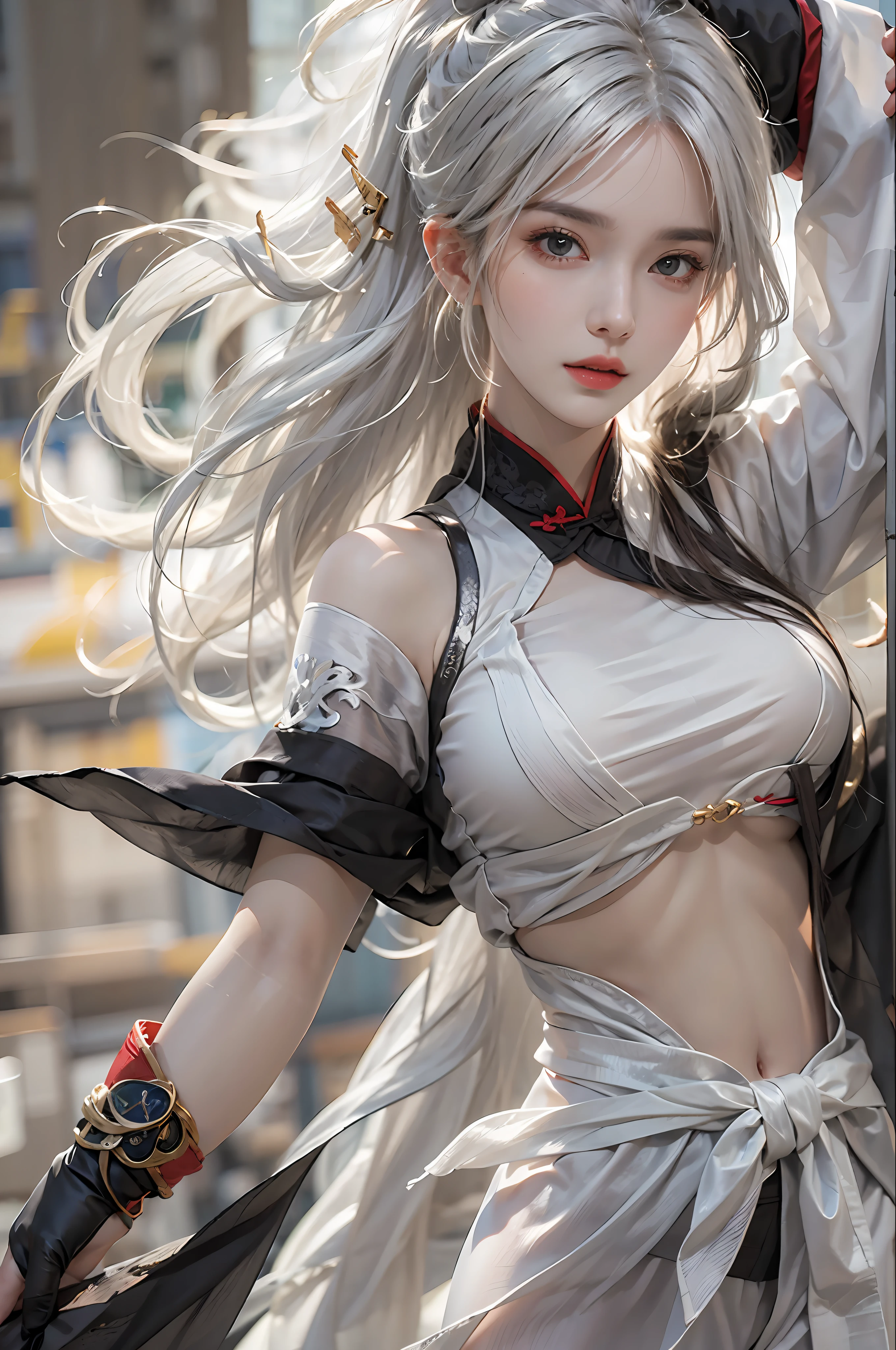 photorealistic, high resolution, 1 women, solo, hips up, look at viewer, (detailed face), white hair, long hair, medium breasts, black kungfu clothes