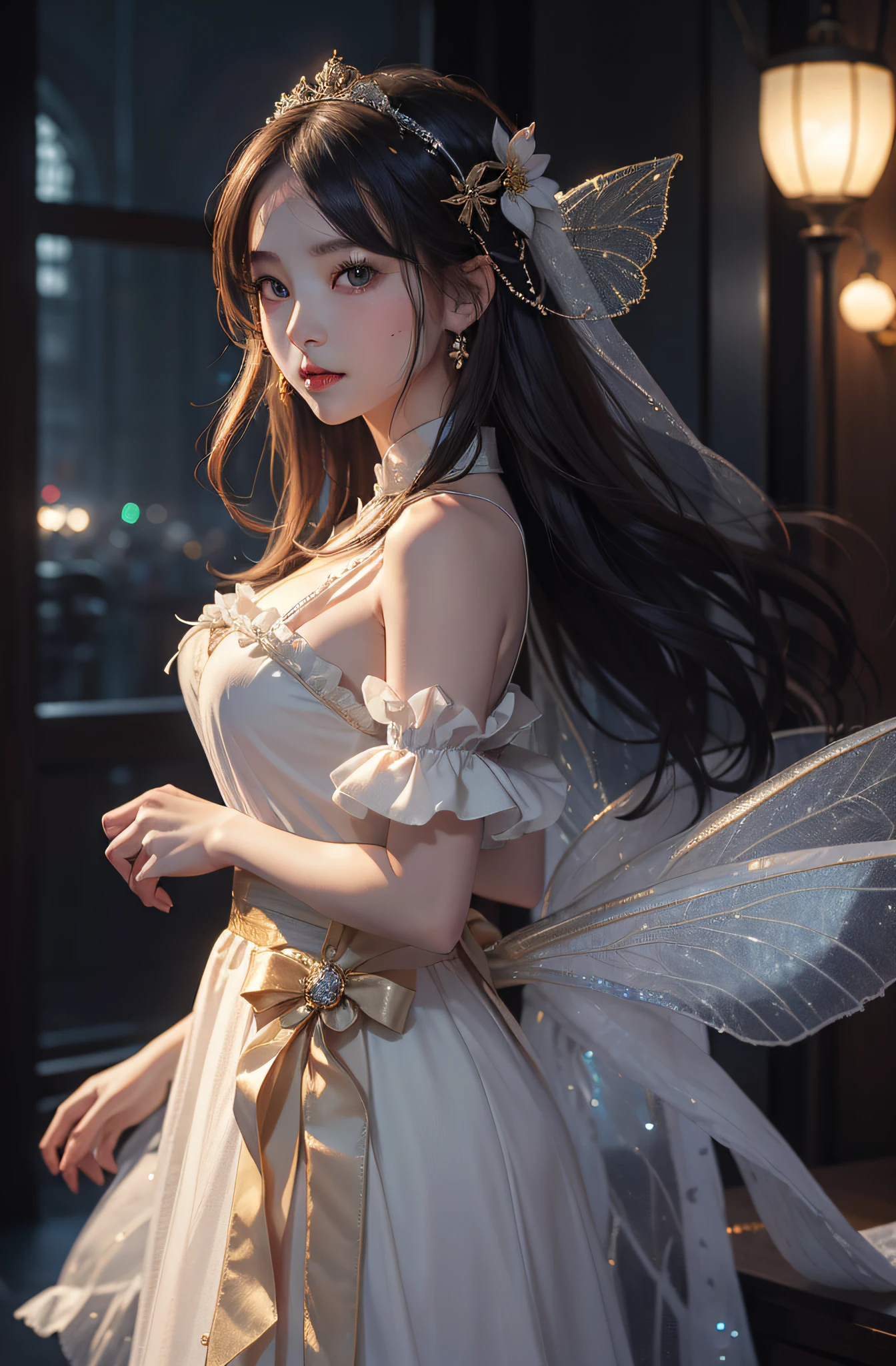 8K, UHD, MAsterpiece, best quality, 1 girl, ((realistic face)), happy pace, very long hair, small breasts, decorated dress, very beautiful ornaments dress, white color, ((lace)), mesh dress, mesh cape flowing, sardine, loops, ((ornaments)), legendary night balcony, ((night:1.5)), depth of field, cinematic lighting, chromatic aberration, motion blur, glowing light, god rays, ray tracing, ((reflection light)), backlighting, bloom, chromatic aberration abuse, multiple monochrome,