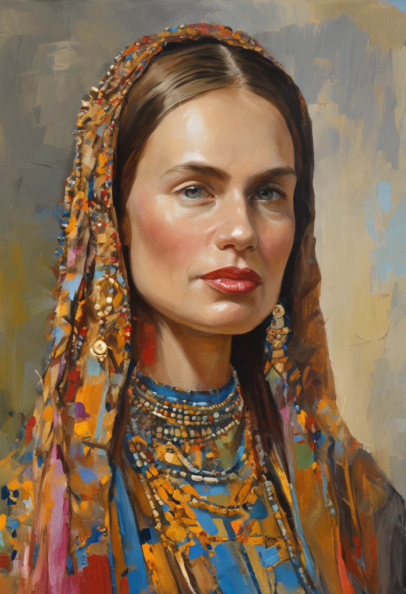 imagem hiperdetalizada e de alta qualidade, A young woman of beautiful Slavic appearance, cabelos castanhos com olhos grisalhos, perfil do nariz reto, sobrancelhas finas, face oval regular, em um traje russo com pedras preciosas, gold jewelry on your neck, hands on head and ears, Comprimento total, holding cheese in hand, against the backdrop of the Ipatiev monastery of the city Kostroma is the cradle of the Romanov House, Esta fotografia, tirada com a Nikon D, gives the impression of serenity and peace, deixando-o calmo e relaxado