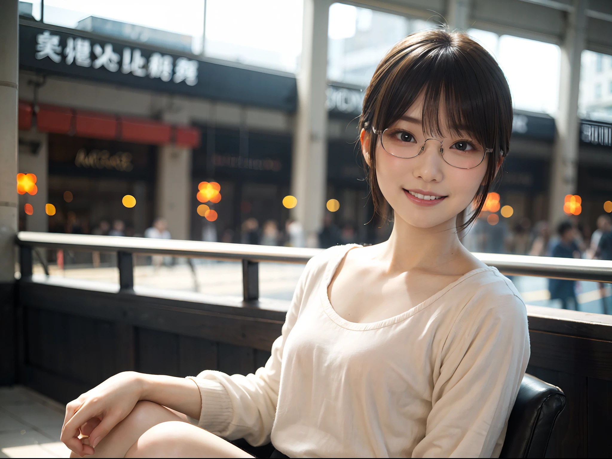 Japan girl in casual clothes in a shopping mall, looking at the viewer, posing with a smile (highest quality, masterpiece))), high resolution, very detailed, masterpiece, cinematic lighting, (8K, highest quality, masterpiece: 1.2), (realistic, photorealistic: 1.37) Hi-Res, Super Detail, 1 Girl, Woman with Glasses, Thin Frame Round Glasses, Light Colored Glasses Frame, asian, cute, cute face, solo, short hair 1.2, textured skin, beautiful smile, beautiful detailed sky, detailed café, night, movie lighting, depth of field, lens flare light, sitting, dating, (blushing), (smile: 1.15), small breasts (mouth closed), eyes with beautiful details, (short hair: 1.2), floating hair Nova Frog style,