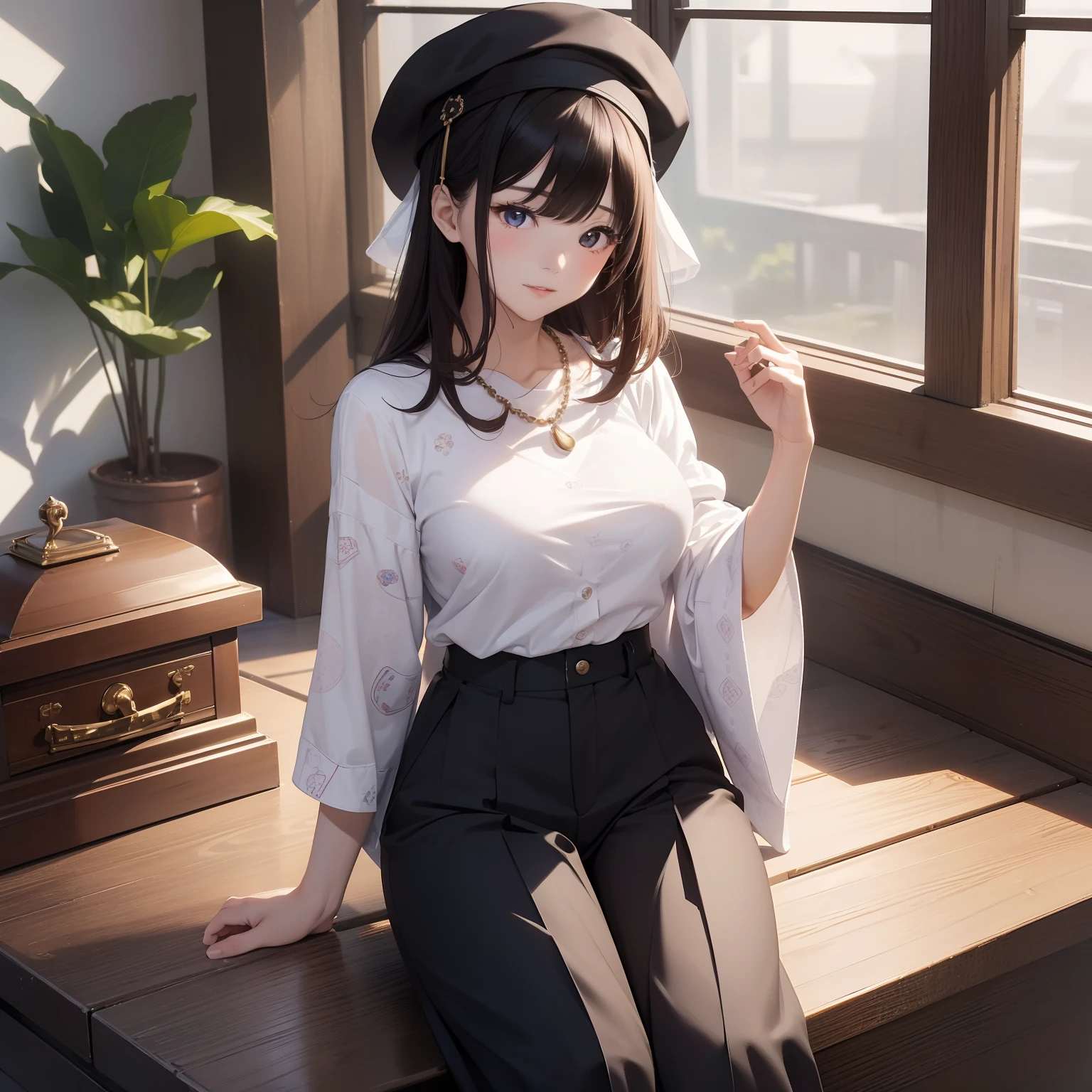 (top-quality、8K、32K、​masterpiece、nffsw:1.2)、A cute Japanese woman、large full breasts、Casket Hat、The upper part of the body、(Border pattern shirt:1.3)、Wide pants、a necklace、simple background、Look around、