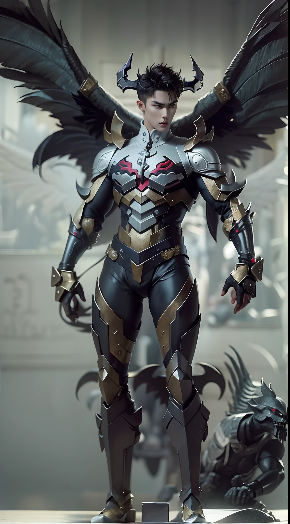 Sculpture design,Figures,GK model,The whole body of the character,Handsome demon,satan,sexy for,Stroke the chest,Wings,Handsome,Expose muscles,base,Wu Yifan,Handsome cybernetic boy looking at camera lingerie detailed muscular reality masterpiece,musculous