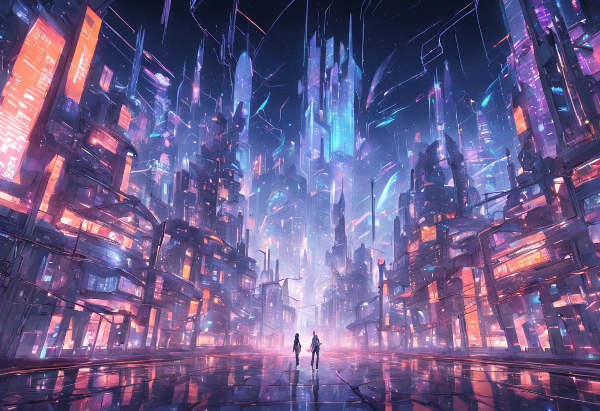 a city with a lot of lights, digital art by Sebastian Vrancx, shutterstock, digital art, futuristic digital art, geometric futuristic cityscape, futuristic city background, photo of futuristic cityscape, futuristic city scape, 3d abstract render overlayed, futuristic cityscape, futuristic background, 3d render digital art, cybernetic city background