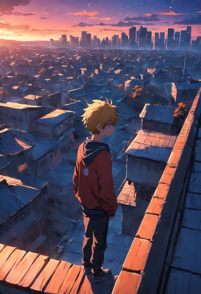 A sad 15-year-old man at the top on the roof of the high school looking out into the woods and into the distance a city