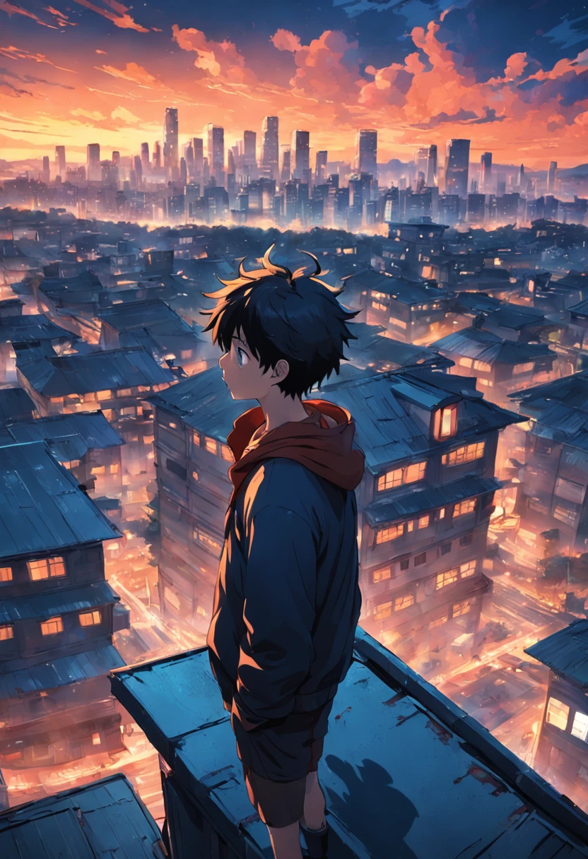A sad 15-year-old man at the top on the roof of the high school looking out into the woods and into the distance a city