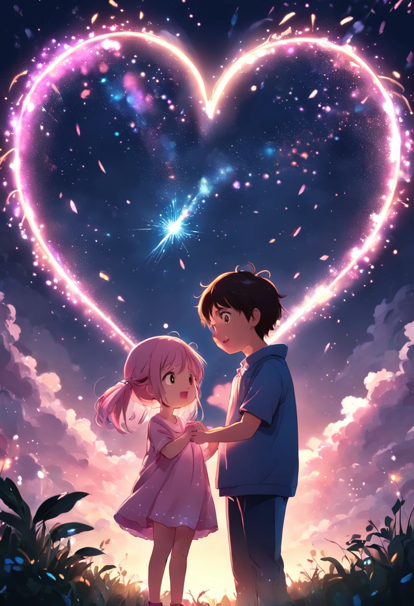 the night，In pink，Fireworks all over the sky，Heart-shaped bubbles，Children's couples，Cartoony，Chubby little girl and little boy hugging each other，Glowing fireflies around，，Cute and cute，KIDS ILLUSTRATION，Glow effects，Dingdall effect，depth of fields，high light，Real light，Ray traching，oc rendered，Hyper-realistic，best qualtiy，8K，Works of masters，super-fine，Detailed pubic hair，Correct anatomy，sharp focus on eyes，Bokeh，Facial features are carefully depicted