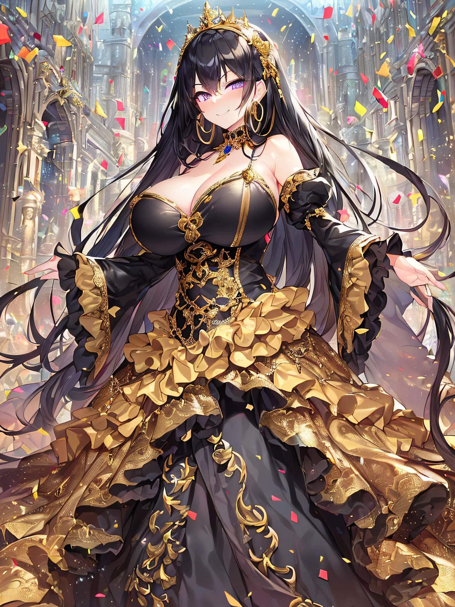 ((anime artstyle)),(Masterpiece),(Best Quality), (Super Detail),((Very Delicate and Beautiful)),(((Solo))),((full body portrait)),((1 arrogant queen in gorgeous black and gold rococo princess ballgown with voluminous full length hoop skirt),((crinoline)),gold trim,Long train,dominant pose,((dominant facial expression)),(arrogant smile,haughty smile),((smug)),Sharp eyes,((standing in the square of the castle town,festival,confetti,sunlight)),((outdoor)),medieval main street,gorgeous gemstone jewelry,detailed face and eyes,jewel-like eyes,Purple eyes,(Bangs between eyes),((large amount of straight hair,extremely Long voluminous black Hair)),((gigantic tits,Long tits)),gorgeousfull embroidery,cleavage,extremely gorgeousfull hair ornament,(bling-bling extremely gorgeousfull jeweled tiara),gorgeous corsage,(Dynamic Angle),Looking at viewer,confetti flowing,(((gorgeous black and gold rococo princess ballgown with voluminous full length hoop skirt)))