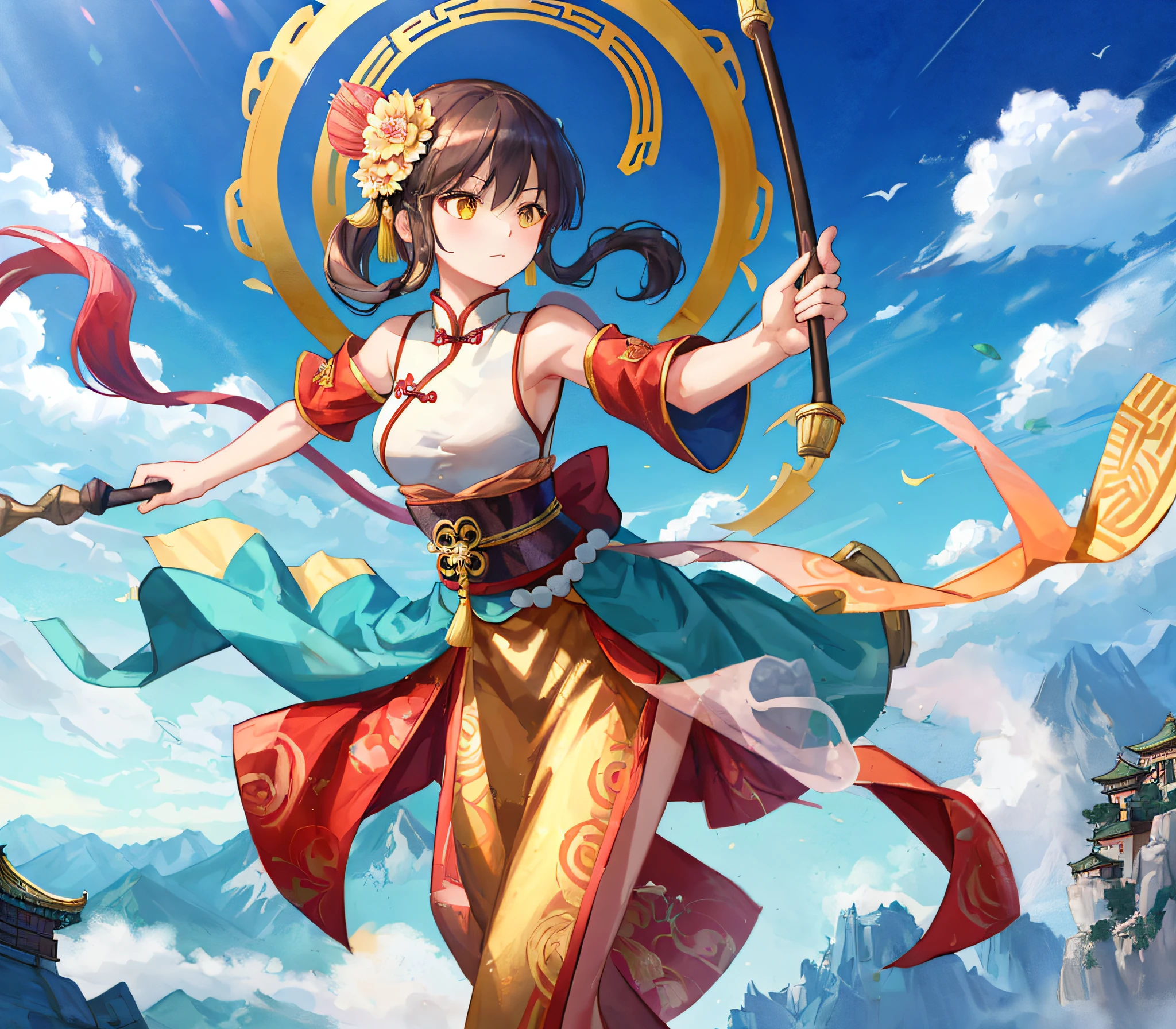 (best quality), (masterpiece), (photorealistic), (realistic), super detailed, unity 8k wallpaper, highly detailed cg, ray tracking, sharp shadows, great detail, depth of field, super detailed background, (Sun Wukong, the Great Sage Equal to Heaven who became a beautiful girl, Chibi character, Kawaii, Tiny, big head, Tiny body, Solo):1.6, she is very beautiful anthropomorphic monkey girl, She holds it in her hand The Compliant Golden-Hooped Rod, It is a long, heavy rod, Chinese mythology, Buddha Dharma, and Journey to the West, headband, golden eyes, Mountain tops, fighting posture, guanhu, legendary monkey god with spear, Beijing Opera, Demonstration, Battlefield, she alone is depicted, Chinese battle dress, decisive pose, dynamic pose. Mountainous landscape in China, yellow clouds, muscular funnel cloud,
