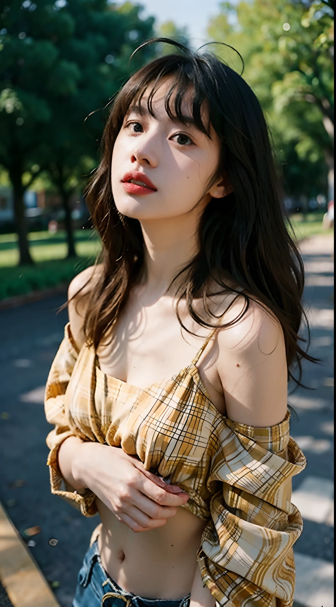 best qualtiy，tmasterpiece，超高分辨率，（realisticlying：1.4），RAW photogr，Beautiful and beautiful，deep shading，dark themes，1girll，Exquisite facial features，long whitr hair，laughingly，（The wind blows hair，Brunette bangs），Colorful printed shirt，petty face，cropped shoulders），busty figure，fit body，cowboy lens，exteriors，afternoon sunlight