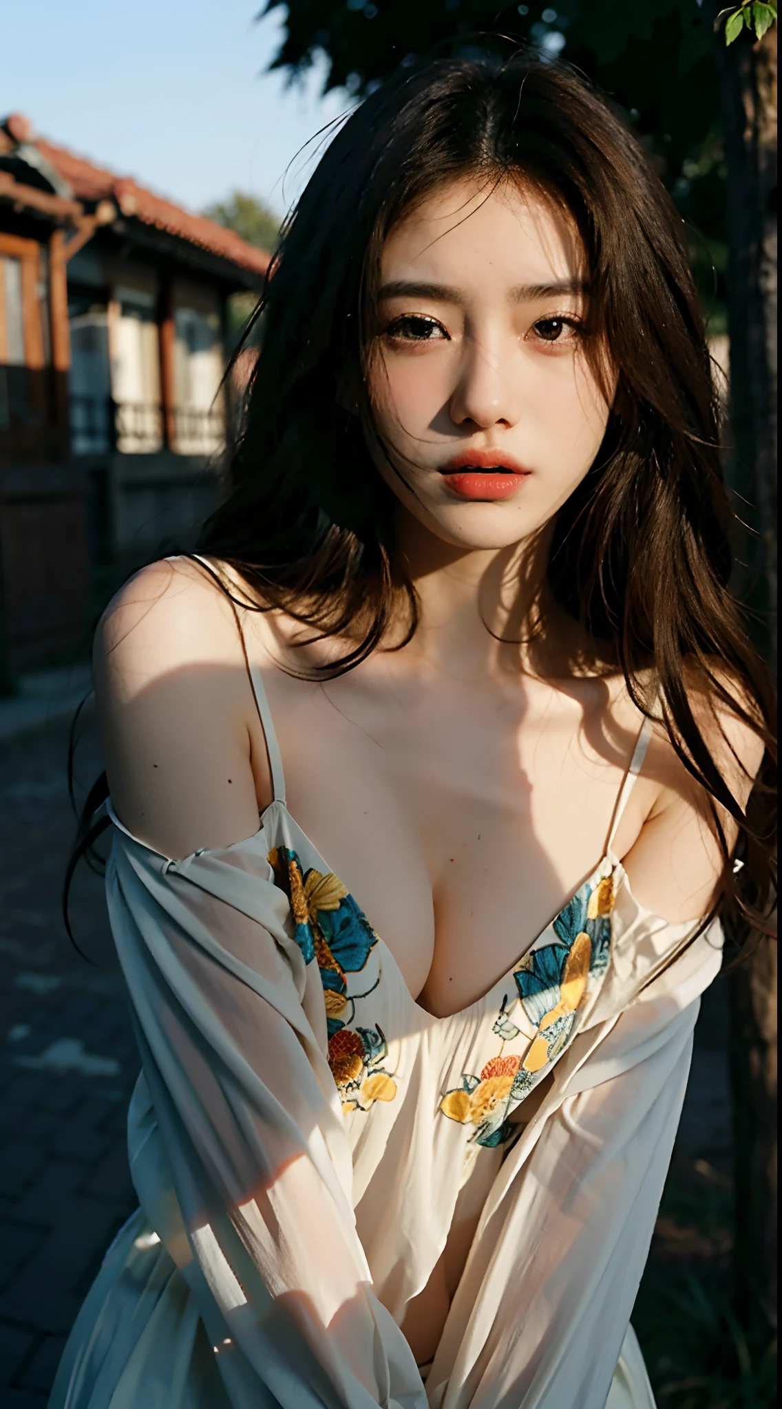 best qualtiy，tmasterpiece，超高分辨率，（realisticlying：1.4），RAW photogr，Beautiful and beautiful，deep shading，dark themes，1girll，Exquisite facial features，long whitr hair，laughingly，（The wind blows hair，Brunette bangs），Colorful printed shirt，petty face，cropped shoulders），busty figure，fit body，cowboy lens，exteriors，afternoon sunlight