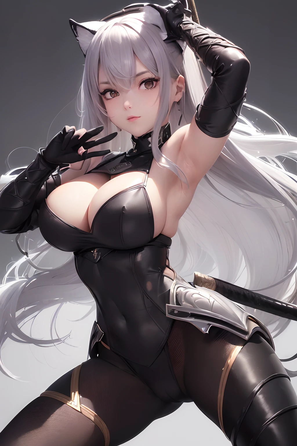 ((Best Quality, 8K, Masterpiece: 1.3)), 1 girl , ("ninja, armor glove ,bare shoulders, detached sleeves":1.3 ),("armor leggins , transparent pussy":1.3), large breasts , cleavage ,thigh , "elaborate detail, costume" ,dynamic pose, katana, wind ,battle field , flying