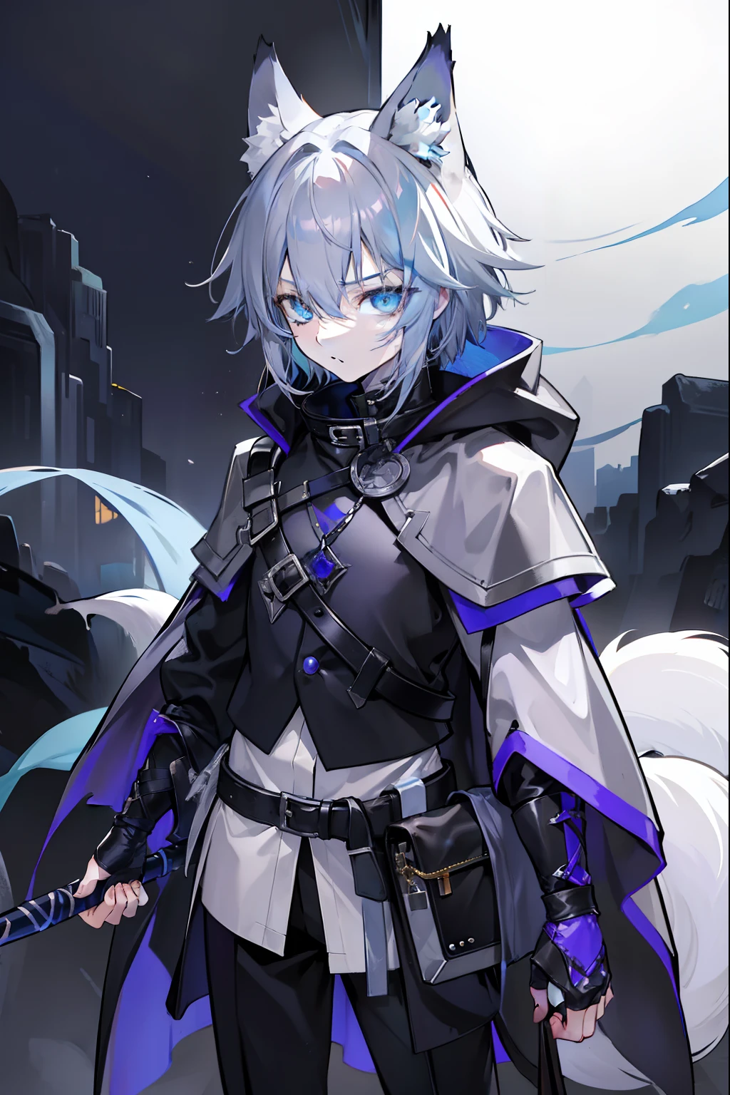 (masterpiece), best quality, expressive eyes, perfect face, 1boy, solo, (light shade hair, fox tail, blue grey hair, fox boy, fox guy, kemonomimi, young male, young boy, fox ears, light blue grey hair, lavender mist color hair and tail, pale blue hair, bluish cyan hair), azure eyes with yellow under shade, yellow eye highlights, azure eyes, (leather robe, brown cape, dark hood), (kid, 17 year old, scared, trauma, afraid, young man), (minimal accessories, satchel, sling bag), staff, spellcasting staff, short young boy, young boy, traumatized, scared and hiding, hiding, poor, ragged clothes, scratched clothing, scared, poor clothing, not rich, basic clothing, short bangs, big eyes, dark brown robe, brown pants, rope tied, fox tail, scared, young face, eyebags, black pants