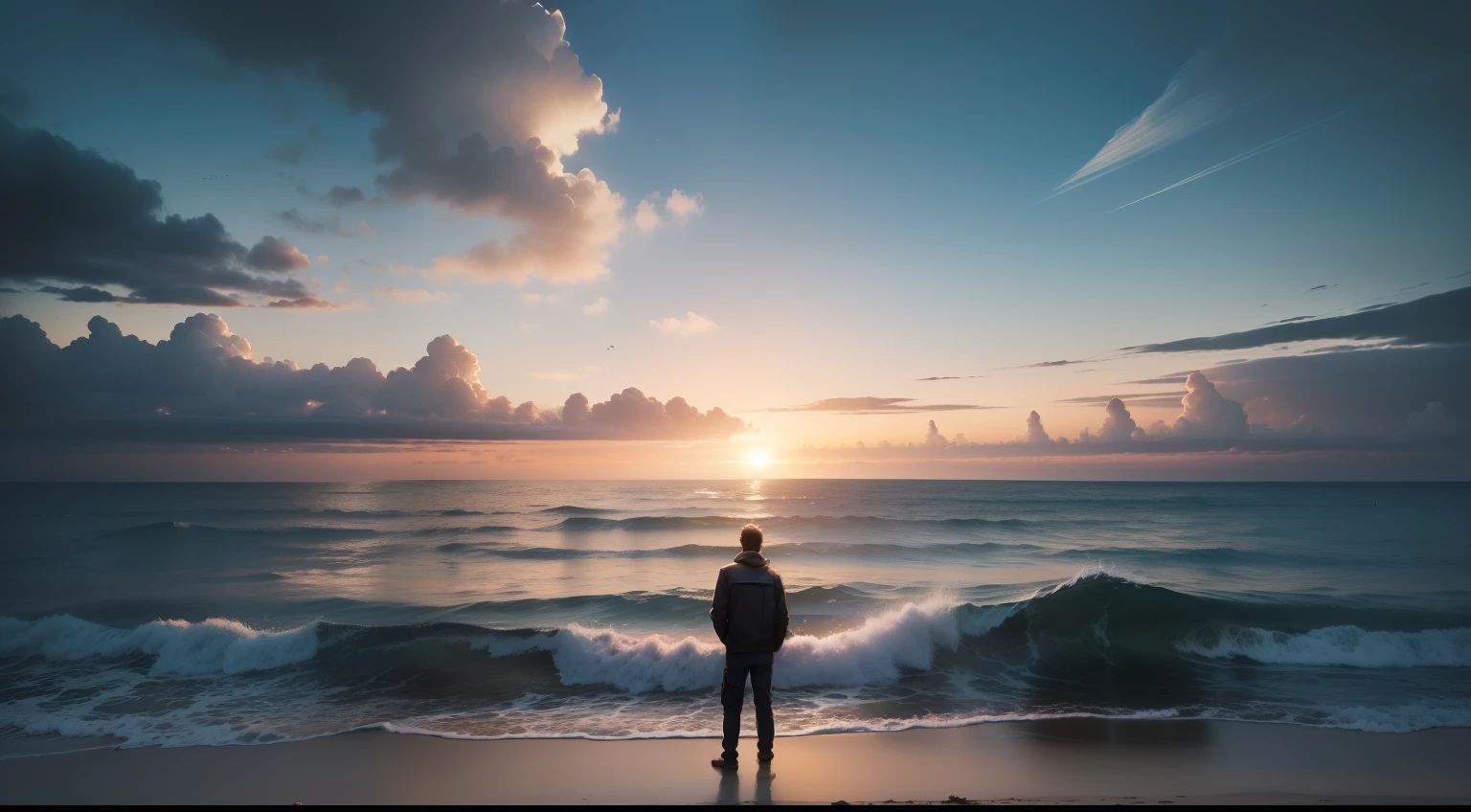 （exteriors：1.5），（A man looking out over the ocean），（Extremely small people:1.5），(Masterpiece:1.5), (Best quality), Realist, wide angles，（Looking out over the ocean：1.5），(eventide），（Character backlighting），（Intense backlight:1.5），（On the reef），（exteriors：1.5），（Small people：1.5），（The silhouette of a person：1.5），（fisheyelens：1.5），（The character is in the middle：1.5），