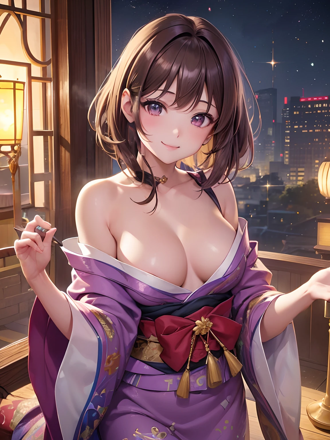 Glittering night view、Anime girl with short middle hair、delicate body、intricate ornate anime cgi style, beautiful anime artwork, Detailed anime artwork, high detailed official artwork, Detailed key anime art, Detailed Digital Anime Art, beautiful anime art, anime fantasy artwork, detailed anime art, anime art wallpaper 4k, anime art wallpaper 4k, anime style 4 k, kawacy、Glossy brown hair、Brown hair with beautiful cuticle、Beautiful brown hair with center division、The scalp is white and beautiful、Too beautiful brown hair、Sexy beautiful brown hair、Beautiful brown hair that you want to touch、Sexy hair with shiny cuticles、Glossy and shiny hair、Depiction of the scalp of the parting is white and naturally glowing、Super beautiful hair、Colorful accents、delicate and pretty&Sexy schoolgirl、Sexy cleavage、Skin revealing、Navel Ejection、vivd colour、Dynamic lighting、Ultra-detailed colorful backgrounds、Super colorful landscape、Bright lighting effects、Dynamic and subtle depiction、Color palette 75 million colors、Colorful colorful、(((Detailed depictions interspersed with countless colors)))、Ultra-fine color、Mysterious colorful colors on the screen、Attractive colorful colors、Cool colorful colors、Colorful colorful colors、Super colorful、Glittering colorful colors、(((​masterpiece)))、(((top-quality)))、((ultra-detailliert))、(highly detailed CGillustration)、((extremely delicate and beautiful))、
