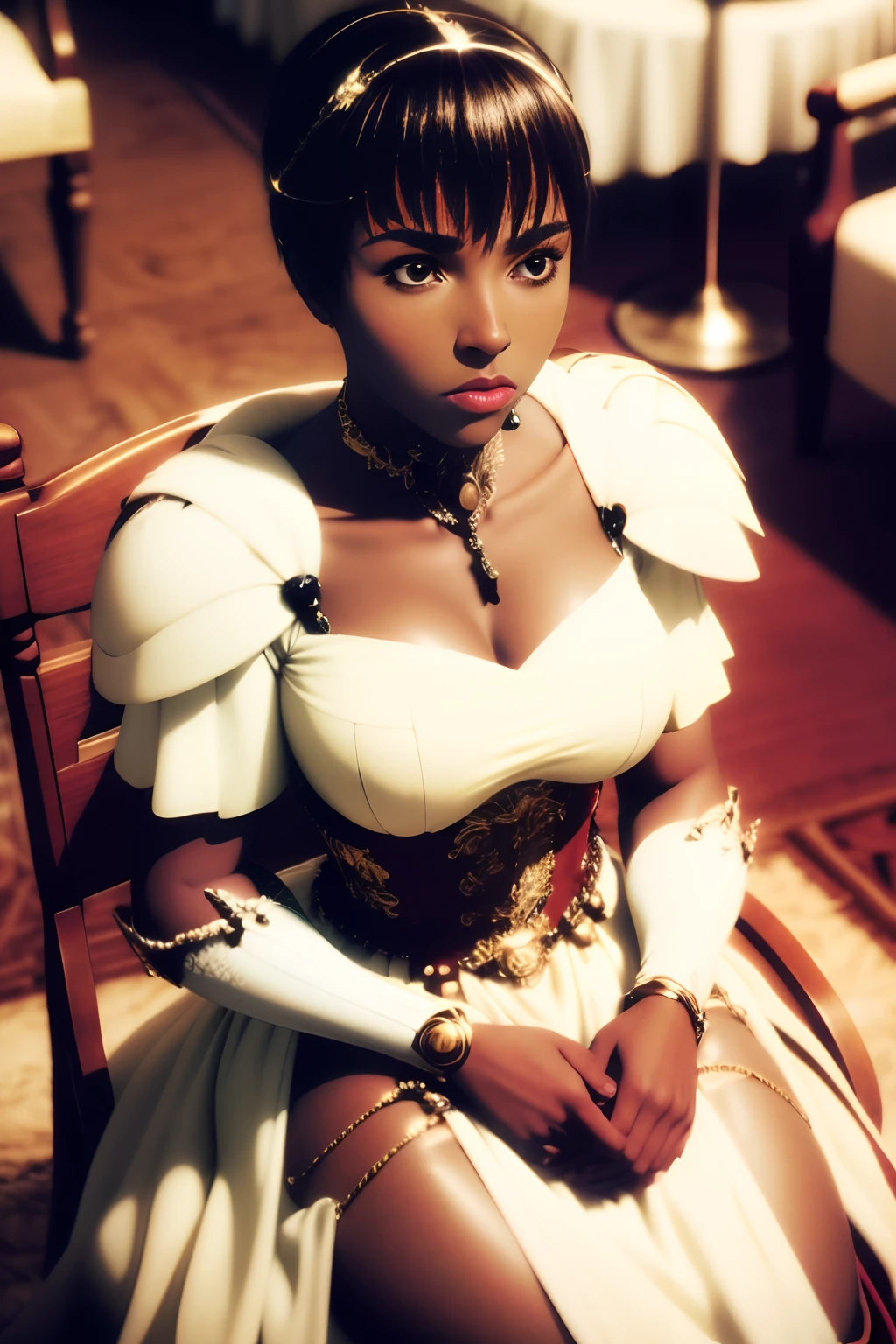 RAW photo, a portrait photo of black woman, one of (high detailed skin:1.2), 8k uhd, dslr, soft lighting, high quality, film grain, Fujifilm XT3, white armor ,((full body)) , sitting in a chair