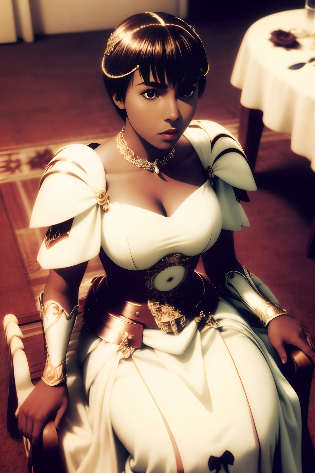 RAW photo, a portrait photo of black woman, one of (high detailed skin:1.2), 8k uhd, dslr, soft lighting, high quality, film grain, Fujifilm XT3, white armor ,((full body)) , sitting in a chair