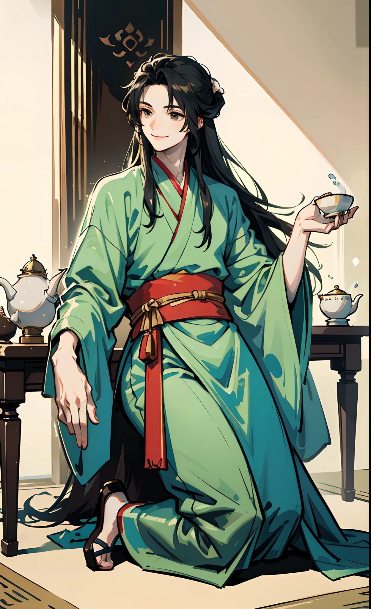 Long hair, youthful, elegant, pouring tea, noble, kneeling, smiling, male, ancient, Hanfu