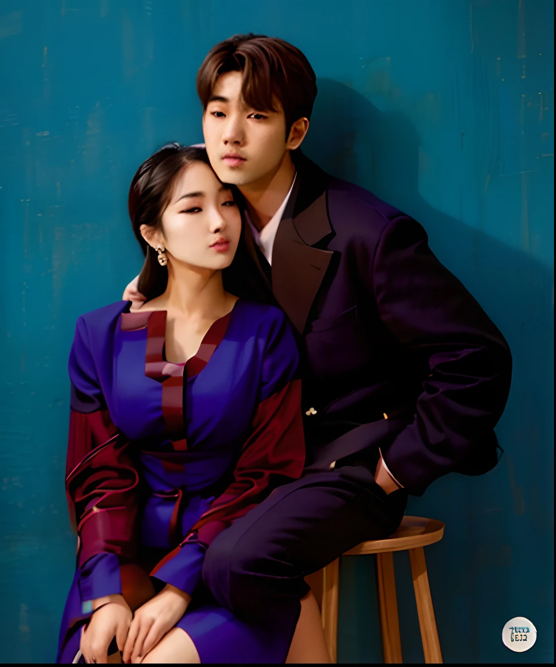 Araffe e uma mulher sentada em um banquinho posando para uma foto, Jinyoung Canela, Lovely couple, Kim Doyoung, pose de casal, par, fotos oficiais, inspirado em Zhang Han, oficial, imagem vazada, Photo Session, quente, TaeJune Kim, promo ainda, Seseon Yoon, foto de perfil, arte tradicional, jia, Artista coreano, arte shin jinyoung