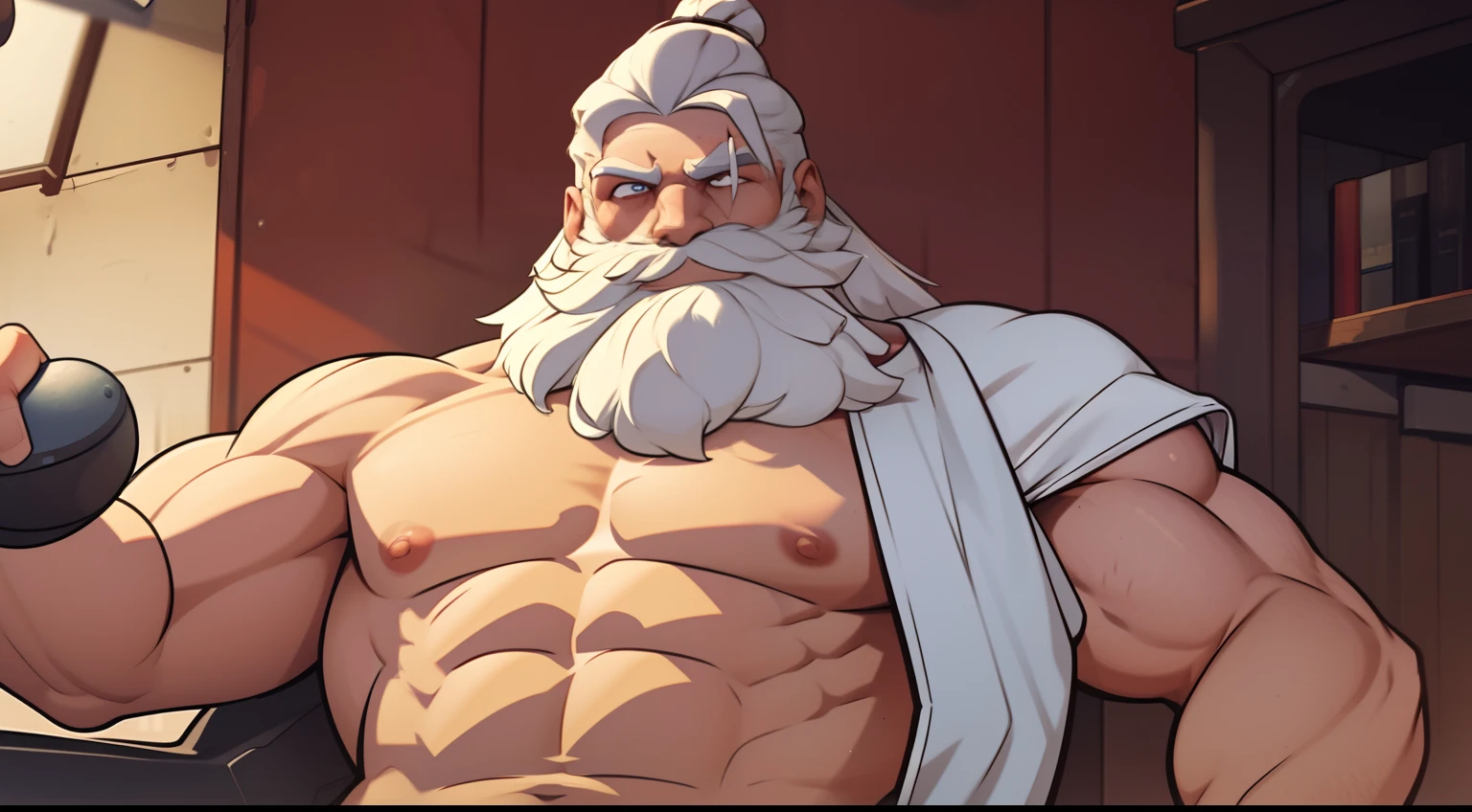 1boy, Solo, Fullbody of bearded shirtless topless old muscular man punching a big red punching bag, right blue eye, left white eye, strong chest, strong arms, large muscles, white hair, white beard, muscular, thick abs, pectorals, thick stomach, navel, large pectorals, thick wrists, big body, heavy muscular, tall body, grey training pants, sweating, man bun hairstyle