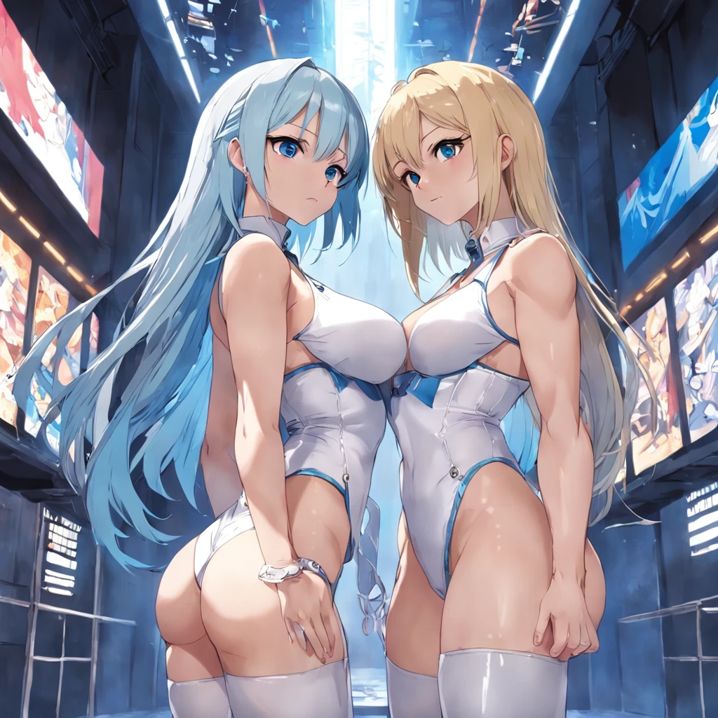 masterpiece, highest quality, 2girls, ((blonde)), ((blue eyes)), two sisters, developing bodies, ((big breasts)), faces, hoop earrings, slutty, (white top), ((white pants)), ((sexye)), prison background, collar, restraints