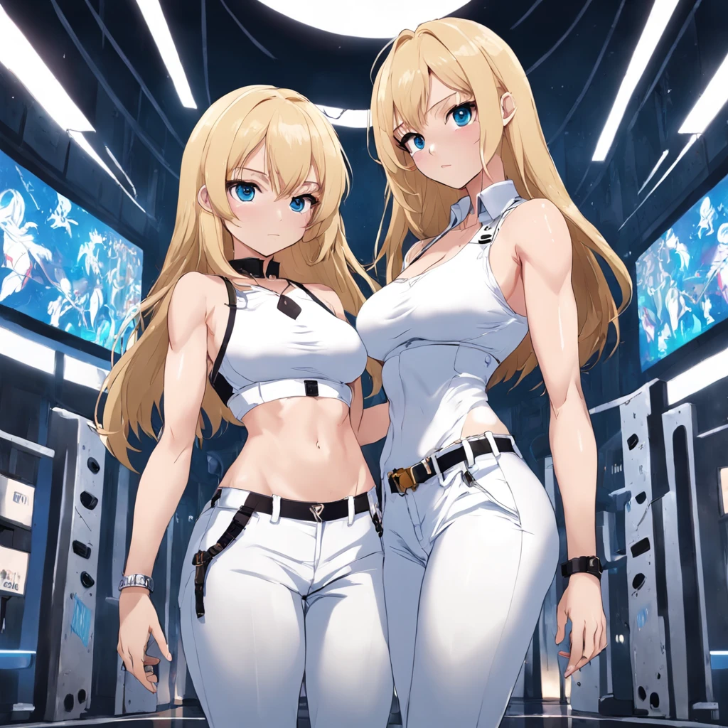 masterpiece, highest quality, 2girls, ((blonde)), ((blue eyes)), two sisters, developing bodies, ((big breasts)), sexy faces, hoop earrings, slutty, (white top), ((white pants)), ((sexy pose)), prison background, collar, restraints