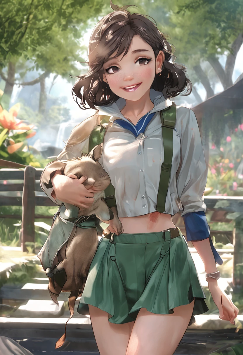 "Image Quality: 8K (Best Quality Scale: 1.2), Artistic Style: Realistic, Photorealistic Factor: 1.37, Clarity: Ultra High Definition, Subject: Teenage Girl (16 years old), Notable Features: Pleasant Smile, Closed Mouth, Exquisite Details, Lovely Nose, Composition: Full Body, Damp Hair, Context: Amidst Colossal Dalsefo, Surroundings: Including Pork, Attire: body fit green Army costume very detailed , Heaven Background