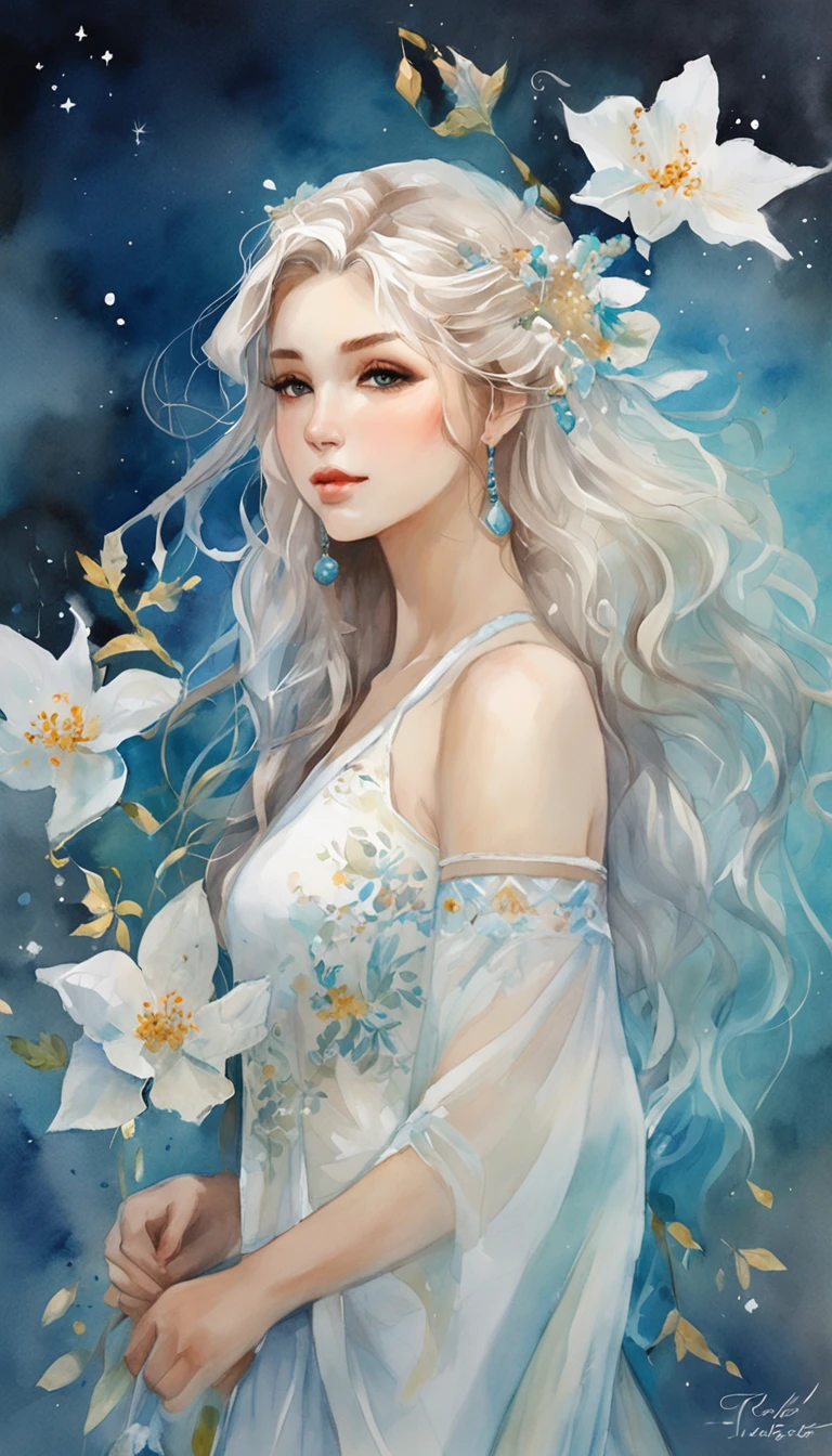 (best qualtiy,tmasterpiece), Beautiful teenage girl, Beautiful goddess, ((The shirt, long skirt, semi transparent, Floral)), Beautiful hair accessories, Maple Grove, detailed scene, the night, starrysky, cold light, (cyan colors, white colors), ((From the side Side)), ((full bodyesbian)), ((Realistic))