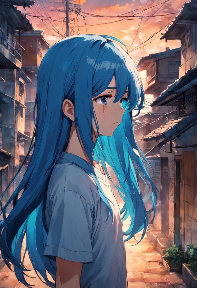 at noon there is A sad 15-year-old man with long blue hair has no shirt , en la cima del techo de la escuela secundaria mirando hacia el bosque y a lo lejos una ciudad
