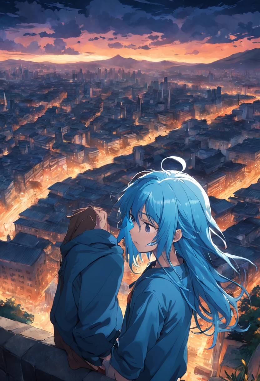 at noon there is A sad 15-year-old man with long blue hair has no shirt , en la cima del techo de la escuela secundaria mirando hacia el bosque y a lo lejos una ciudad