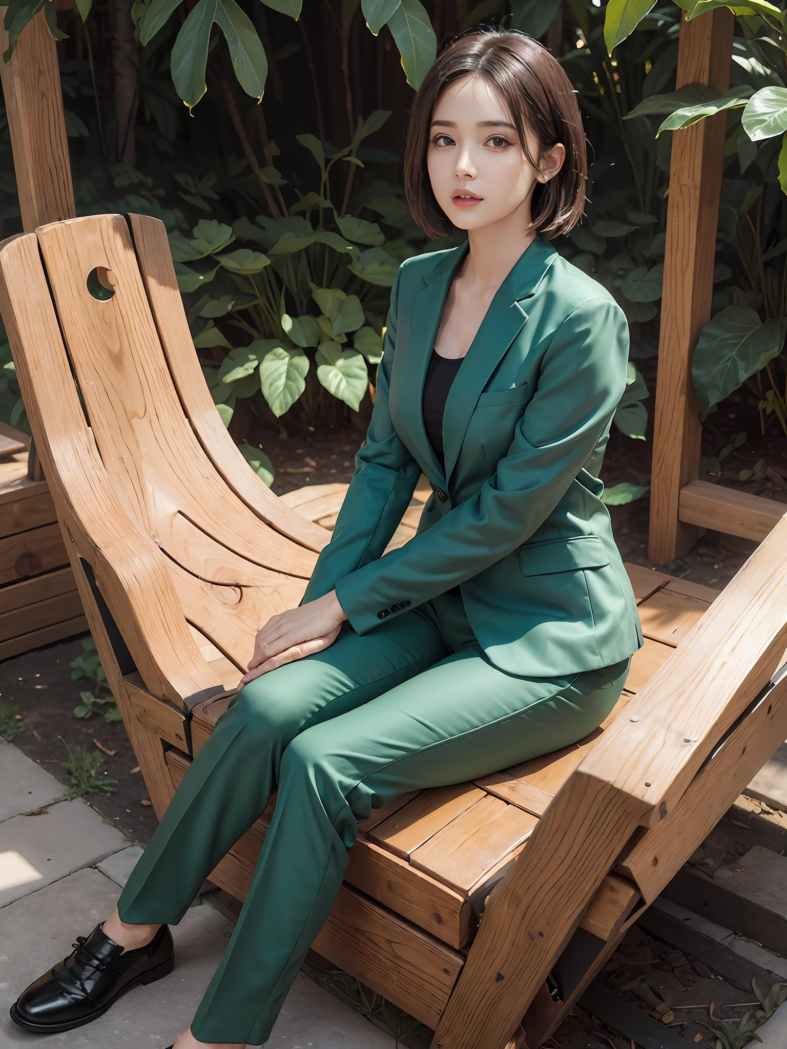 (Masterpiece:1.3), (8K, Photorealistic, RAW photo, Best quality: 1.4), (1girll), Beautiful face, (Realistic face), Short black shoulder-length hair, Nice hairstyle，photorealistic eye，Nice detail eyes，（Realistic skin），Beautiful skins，absurd res，enticing，超高分辨率，Ultra photo realsisim，The is very detailed，the golden ratio，Straight light green shirt，Dark green suit pants，Black shoes