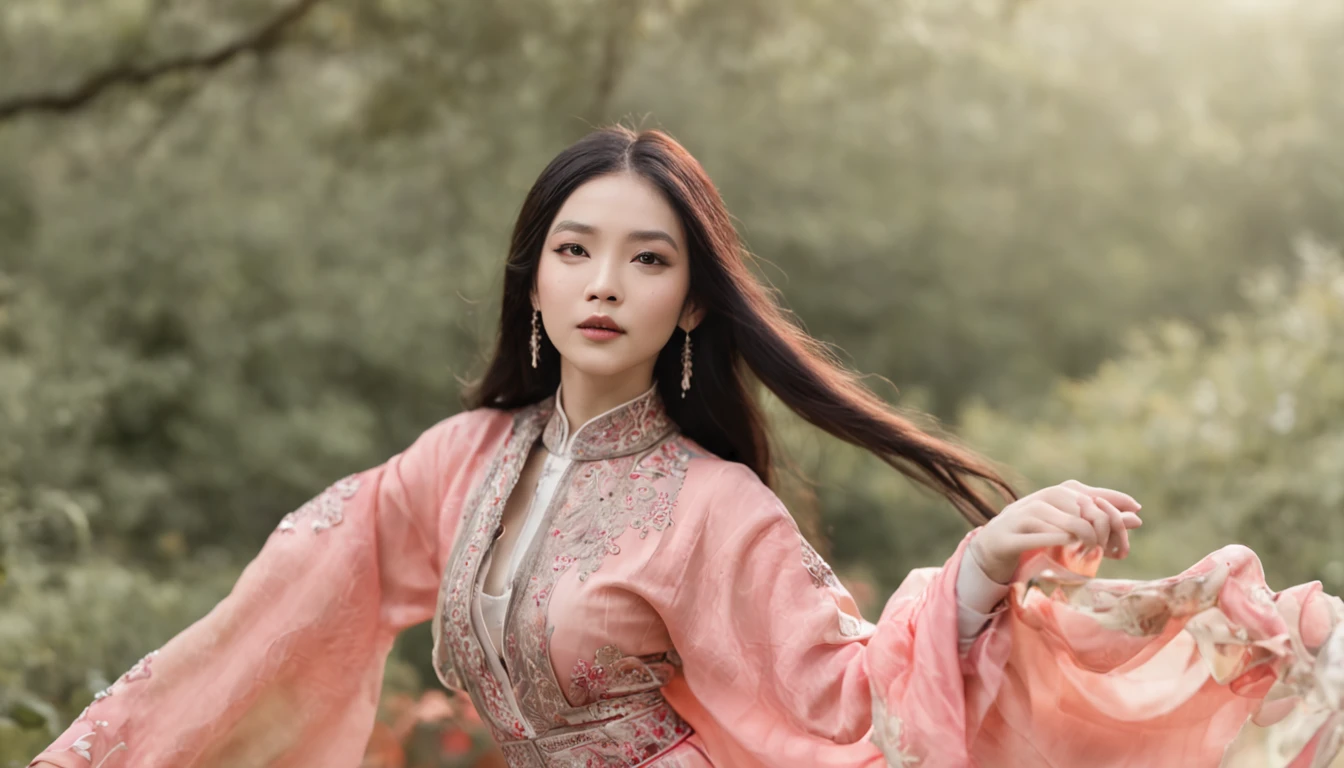 32K(tmasterpiece,k hd,hyper HD,32K)Long flowing black hair,ponds,zydink, a color, Asian people (Silly girl), (Silk scarf), Combat posture, looking at the ground, long whitr hair, Floating hair, Carp pattern headdress, Chinese long-sleeved bright orange clothing, (abstract ink splash:1.2), Pink petal background,Pink and white lotus flowers fly(realisticlying:1.4),Black color hair,Fallen leaves flutter,The background is pure, A high resolution, the detail, RAW photogr, Sharp Re, Nikon D850 Film Stock Photo by Jefferies Lee 4 Kodak Portra 400 Camera F1.6 shots, Rich colors, ultra-realistic vivid textures, Dramatic lighting, Unreal Engine Art Station Trend, cinestir 800,Long flowing black hair