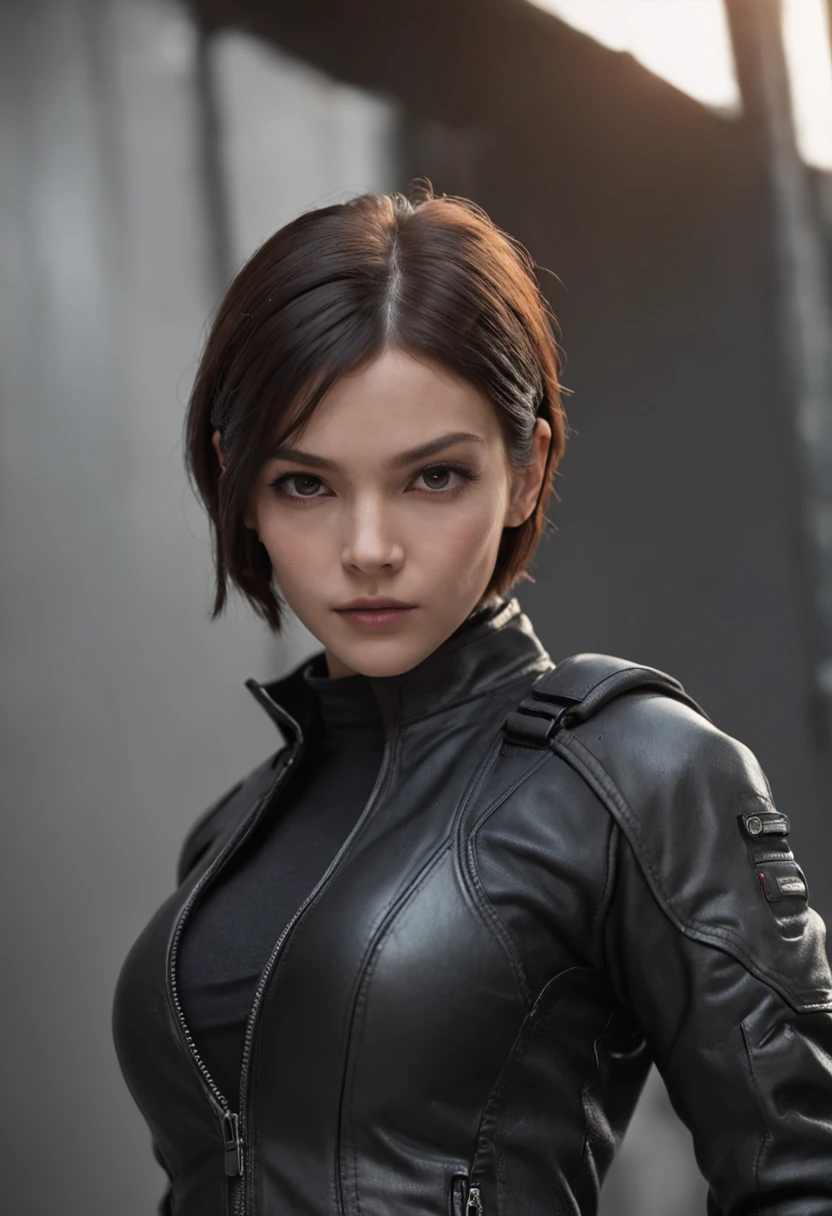 Her eyes revealed determination and determination in a black leather jacket,Fashion and technology – the luminous helmet she wears gives her an extraordinary visual experience – in a cyberpunk world,Technology and life are integrated,Neatly short hair,Movie poster style,Captivating panels and eyes,Movie poster style,There is a textual description
