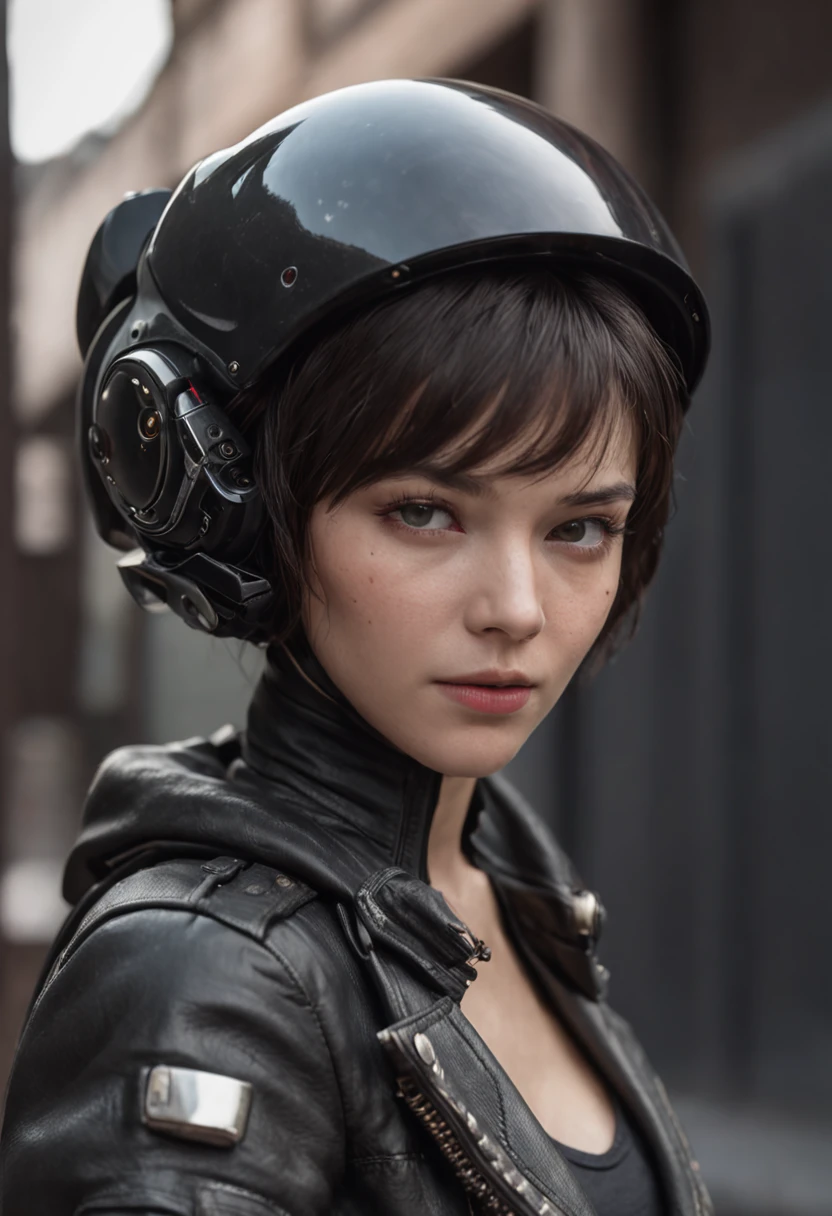 Her eyes revealed determination and determination in a black leather jacket，Fashion and technology – the luminous helmet she wears gives her an extraordinary visual experience – in a cyberpunk world，Technology and life are integrated，Neatly short hair，Movie poster style，Captivating panels and eyes，Movie poster style，There is a textual description