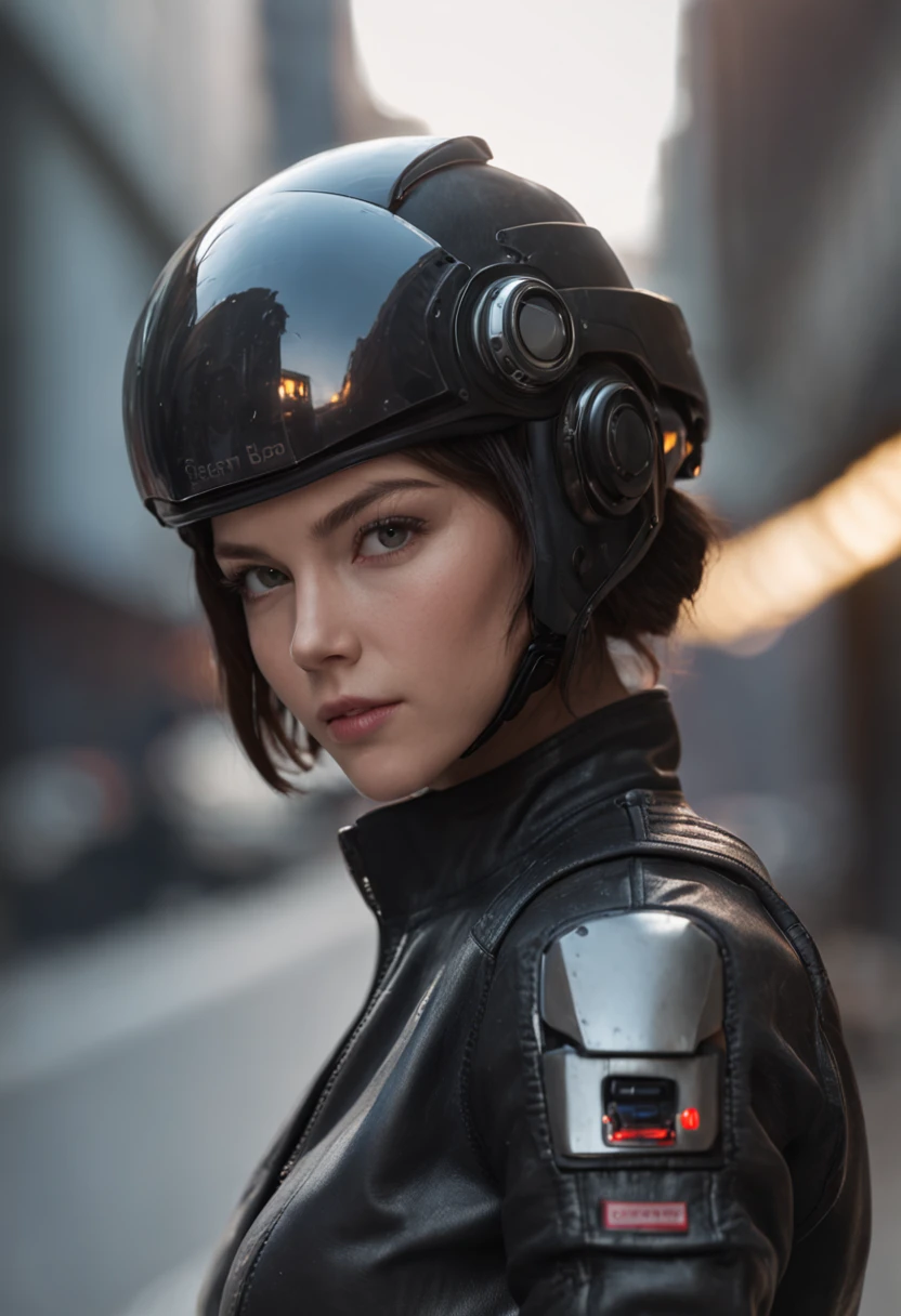 Her eyes revealed determination and determination in a black leather jacket,Fashion and technology – the luminous helmet she wears gives her an extraordinary visual experience – in a cyberpunk world,Technology and life are integrated,Neatly short hair,Movie poster style,Captivating panels and eyes,Movie poster style,There is a textual description
