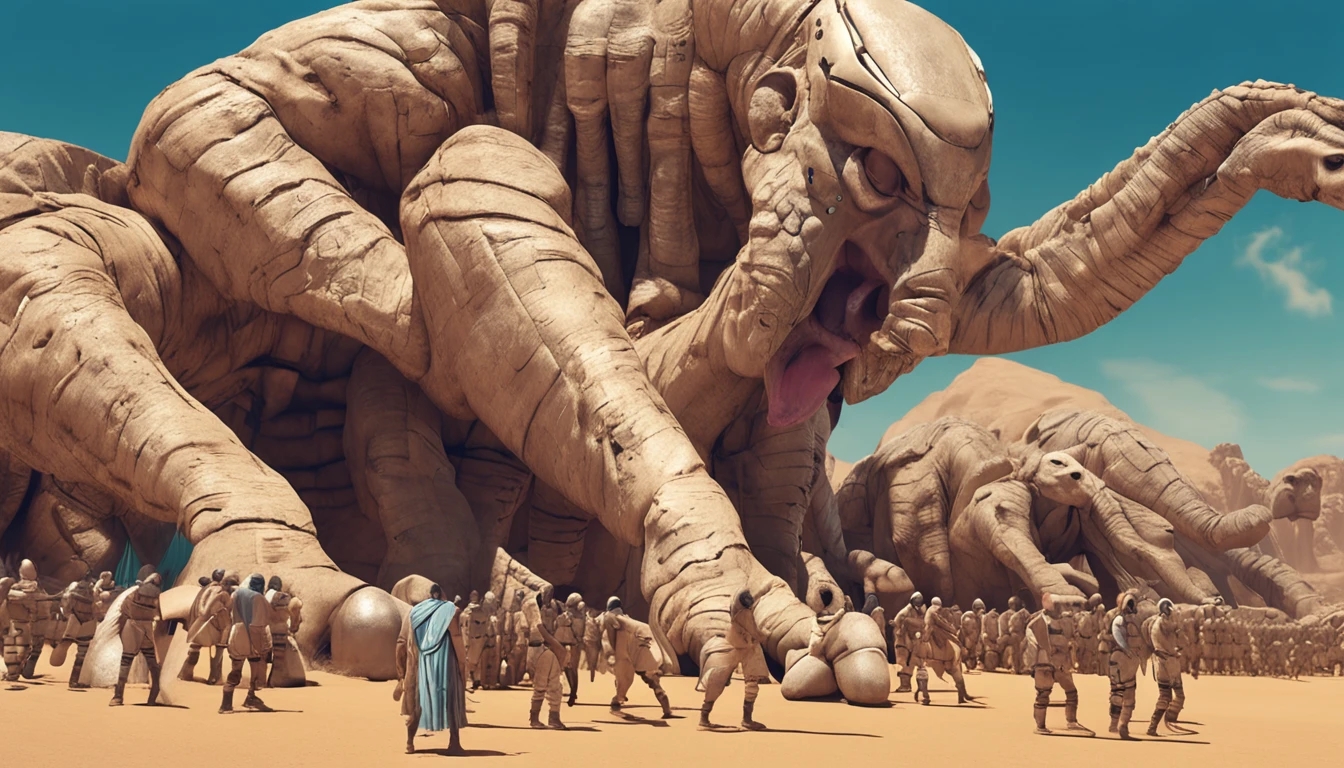 Um rei gigante de 4 metros, albino e careca, leads his army of Egyptian soldiers with grandeur.