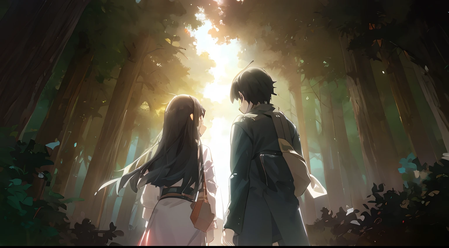Anime scene of two people walking through the forest with sunshine, Guweiz e Makoto Shinkai, makoto shinkai and bioware, sakimichan and makoto shinkai, beautiful anime scenes, anime beautiful peace scene, Beautiful anime, hd anime wallaper, makoto shinkai and (cain kuga), visual novels CG