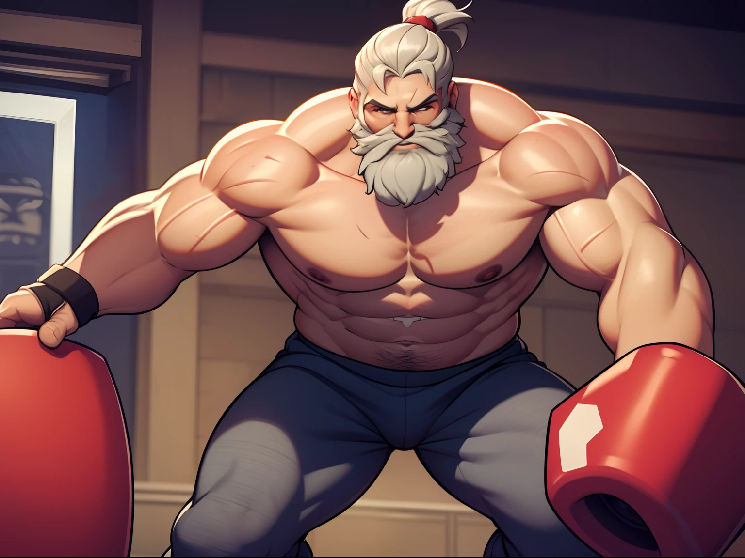 Solo, Fullbody of bearded shirtless topless old muscular man punching a red punching bag, right blue eye, left white eye, strong chest, strong arms, large muscles, white hair, white beard, muscular, thick abs, pectorals, thick stomach, navel, large pectorals, thick wrists, big body, heavy muscular, tall body, grey training pants, sweating, man bun hairstyle, pink nipples