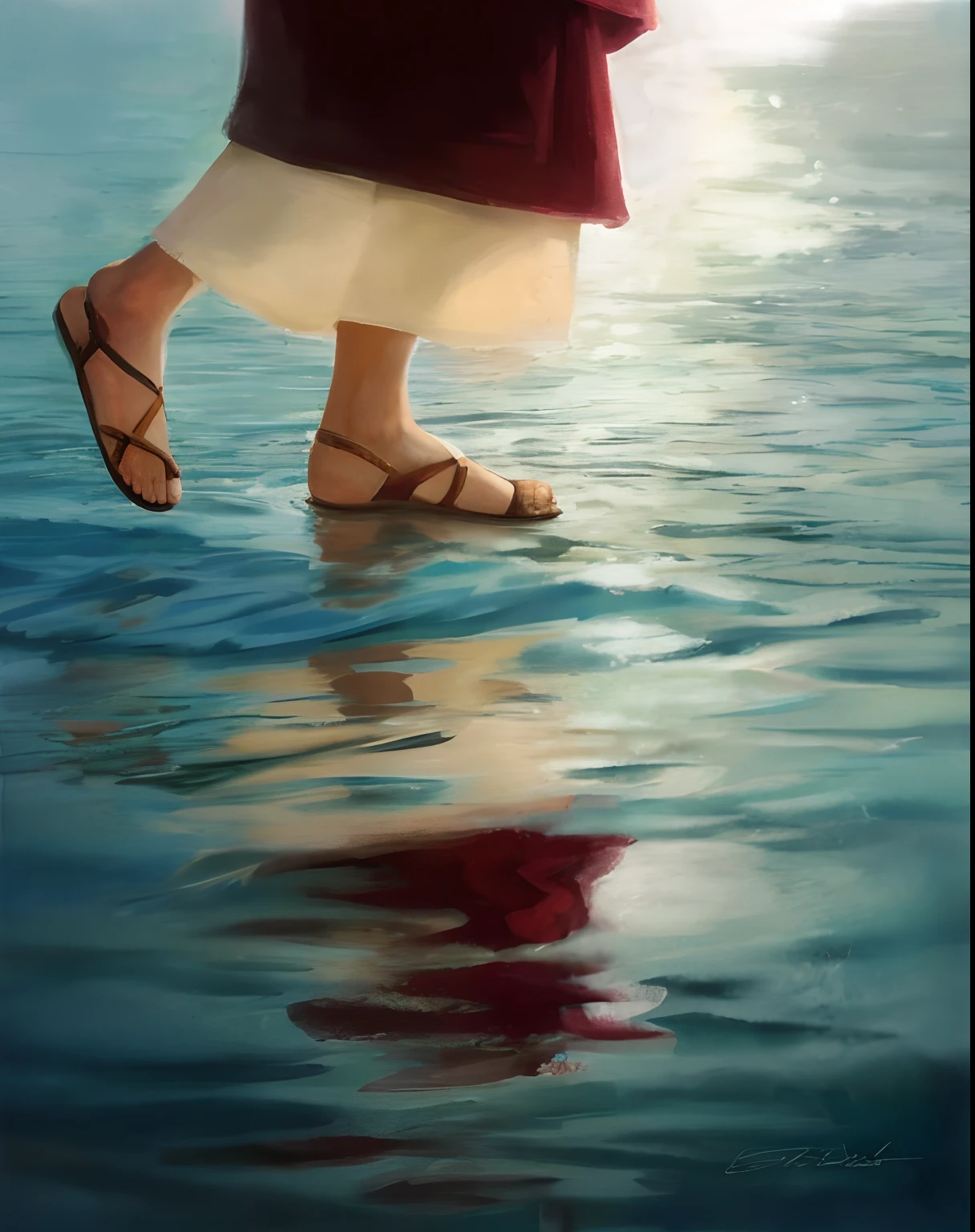A closeup of a person walking on water in sandals, Jesus walking on water, walking on water, she is walking on a river, uma pintura fotorrealista, pintura realista bonita, feet in the water, standing on the water ground, photorealistic oil painting, Anime girl walking on water, pintura fotorrealista, pintura fotorrealista, photorealistic oil on canvas
