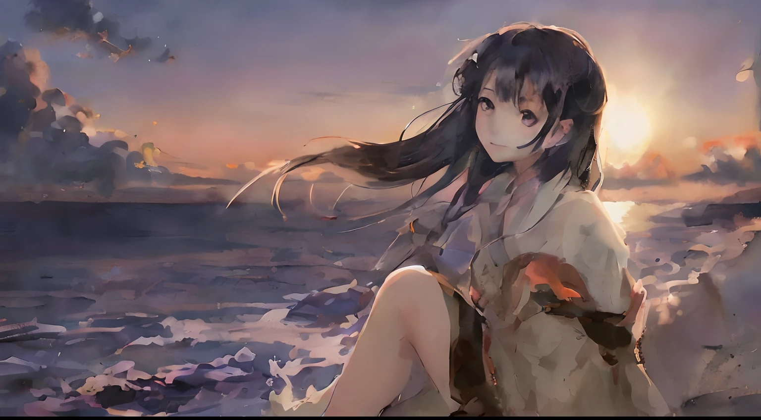 Anime girl sitting on a rock in front of the sea, 4K anime wallpaper, Anime art wallpaper 8 K, Anime art wallpaper 4k, Anime art wallpaper 4 K, Anime wallpaper 4K, Anime wallpaper 4 k, style of anime4 K, at beach at sunset, 4k manga wallpapers, hd anime wallaper, Beautiful anime artwork