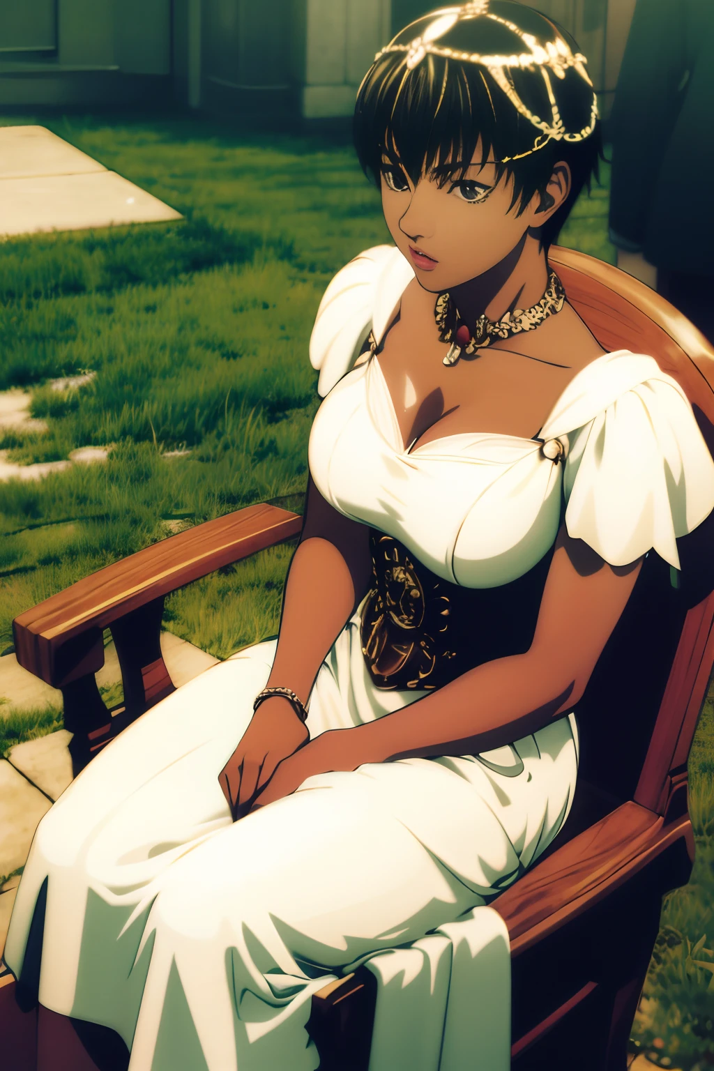RAW photo, a portrait photo of black woman, one of (high detailed skin:1.2), 8k uhd, dslr, soft lighting, high quality, film grain, Fujifilm XT3, white armor ,((full body)) , sitting in a chair, outdoor