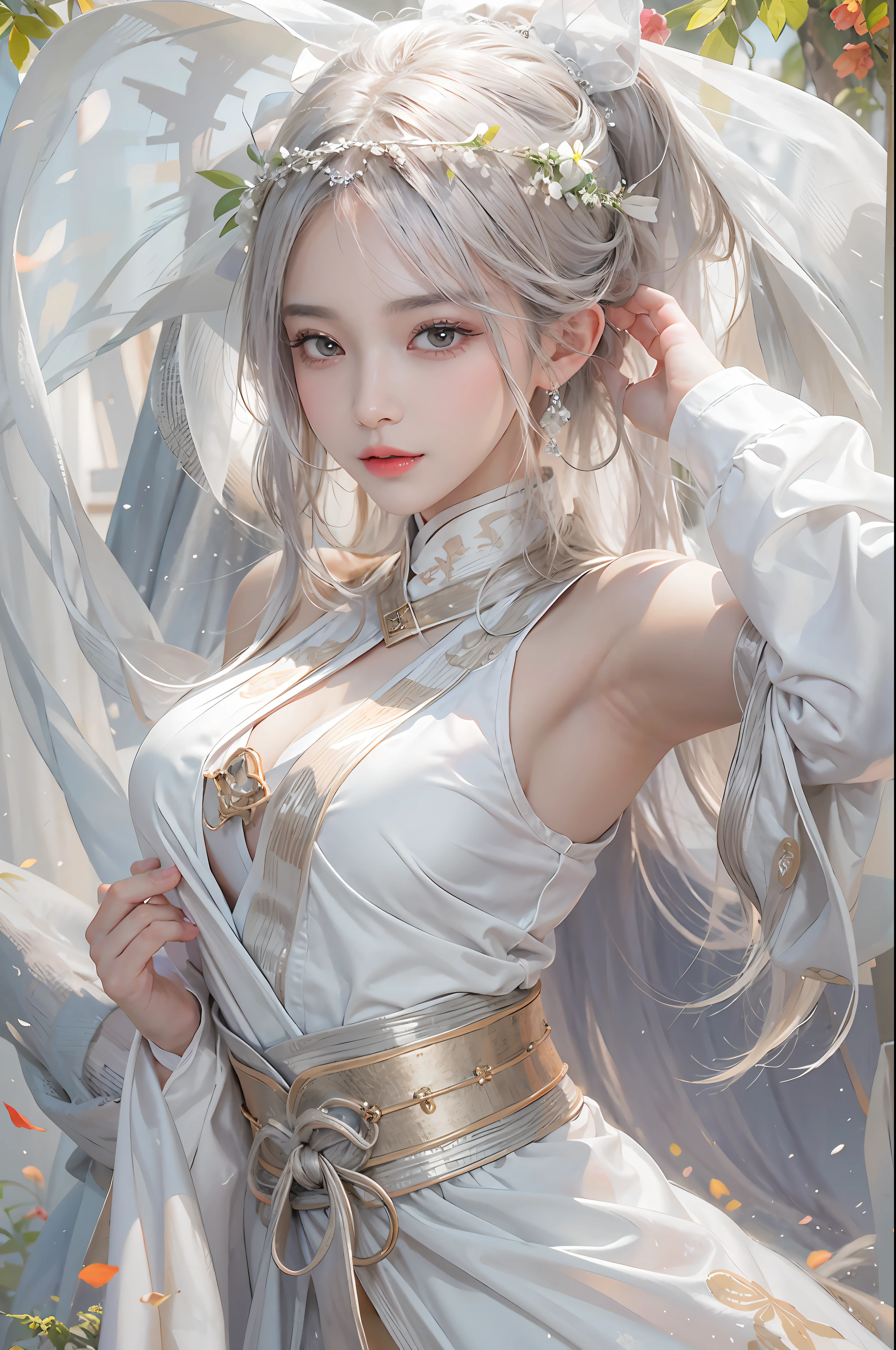 photorealistic, high resolution, soft lights, 1women, shiny skin, finely detailed skin, solo, hips up, look at viewer, (detailed face), white hair, long hair, wedding hanfu