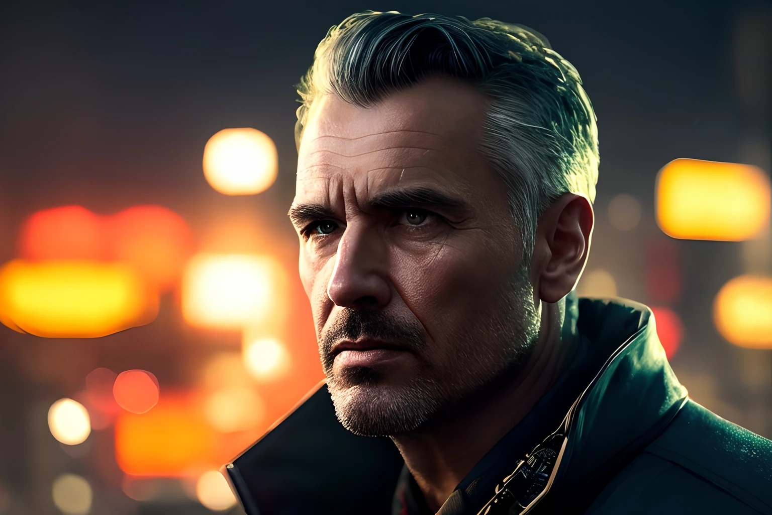 masterpiece, high detail, trending on artstation, realistic, detailed face, overall, a photo of a cyberpunk private detective, old man, dark hair, dirty, drone, Blade Runner city, neo lights, dark, rain, night, RAW, canon r6, wide shot, sharp, blurry background, rule of thirds, dramatic lights, dark shadows