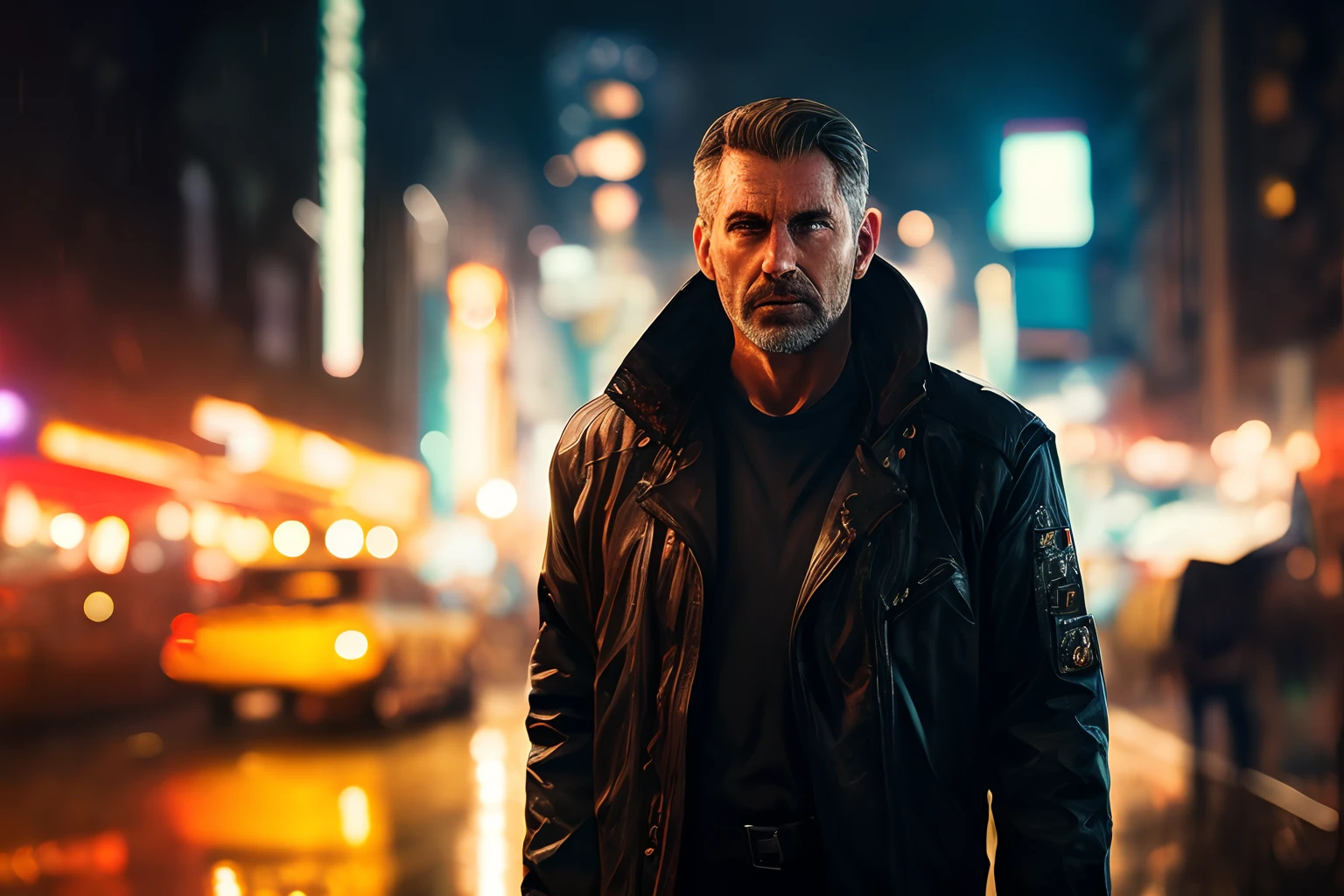 masterpiece, high detail, trending on artstation, realistic, detailed face, overall, a photo of a cyberpunk private detective, old man, dark hair, dirty, drone, Blade Runner city, neo lights, dark, rain, night, RAW, canon r6, wide shot, sharp, blurry background, rule of thirds, dramatic lights, dark shadows