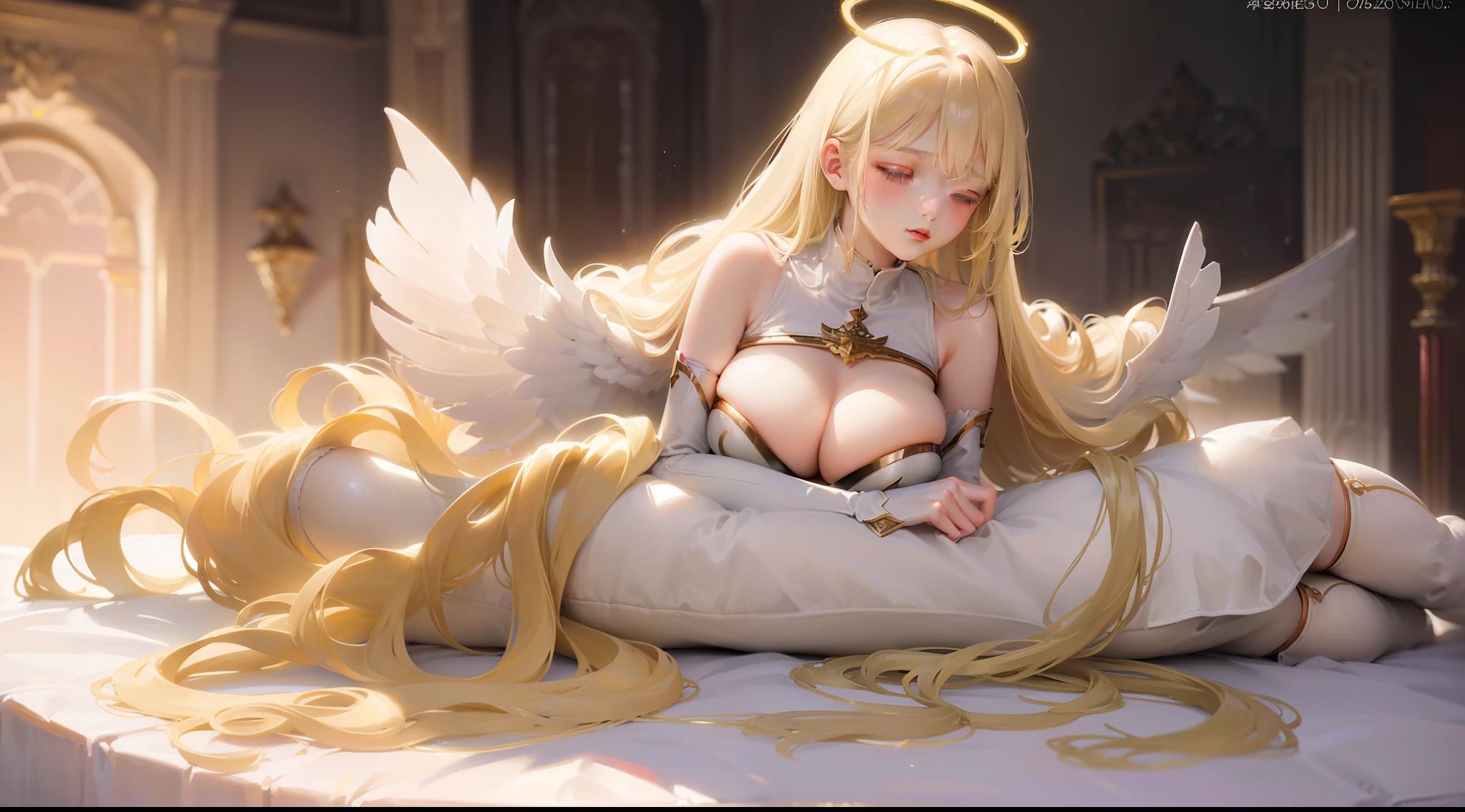cleavage:1.5,((blonde hair)), ((long hair)), ((white corset)),((breastplate)), ((8K)), ((masterpiece)), ((wing)),((halo)),((big breast)),(()),((full body)), ((closed mouth)), ((closed eyes:1.3)),((1 girl)), ((detailed)), ((moody lighting)),((lying position))