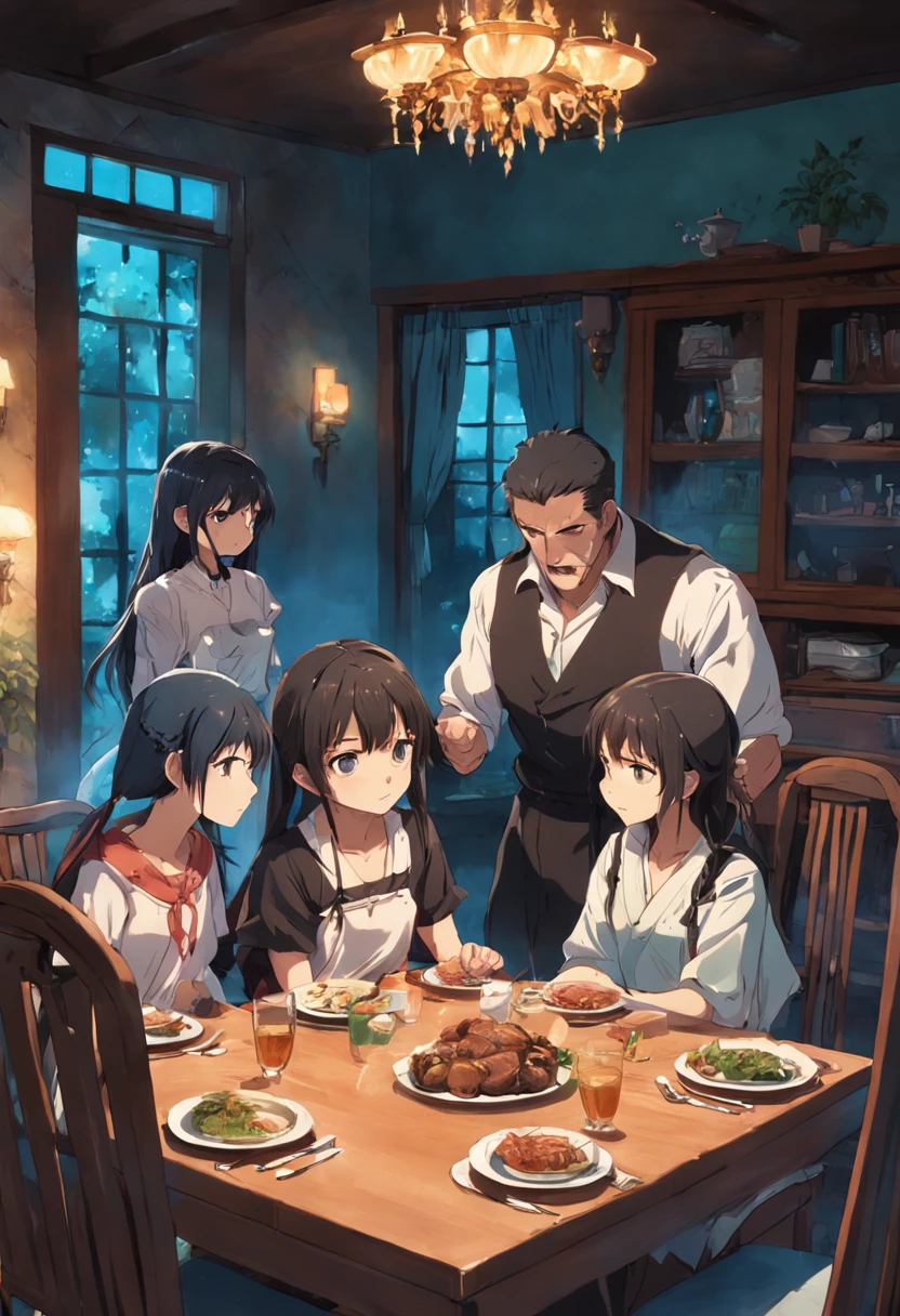An Argentine family of the year 2015 sitting at the table of their living room having dinner, They are three 15-year-old children with their father, his uncle and sister.